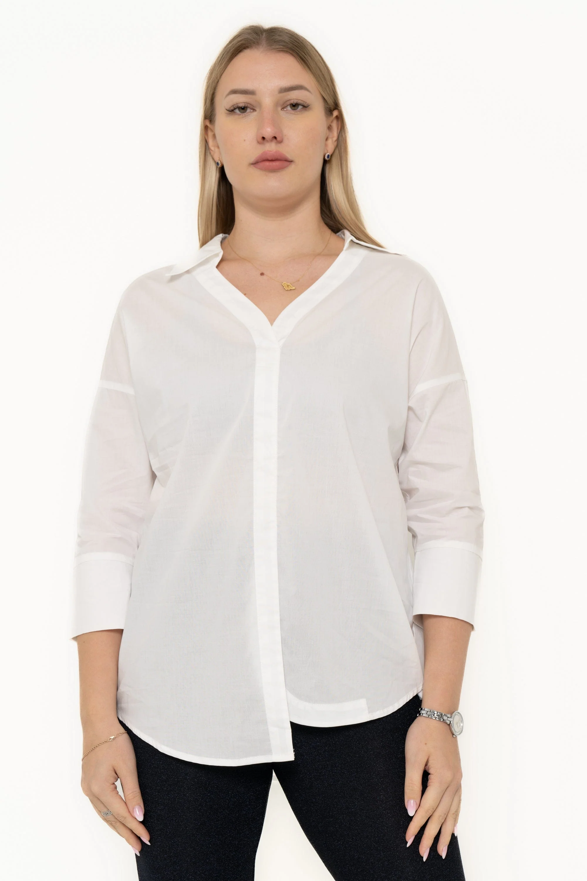 Plain V-Neck Long Sleeve Blouse - Image 4