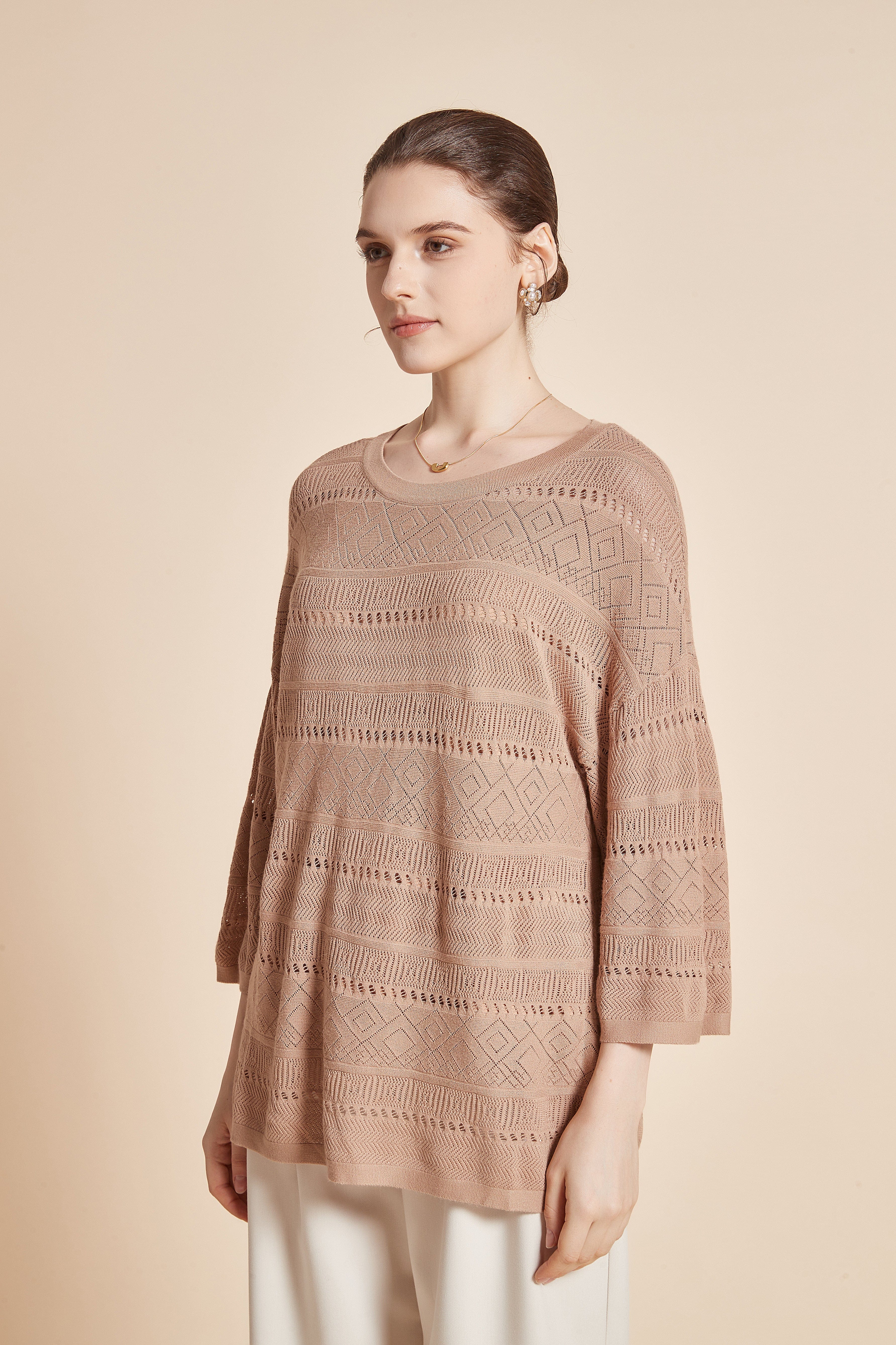 Long 3/4 Sleeve Eyelet Blouse - Image 3