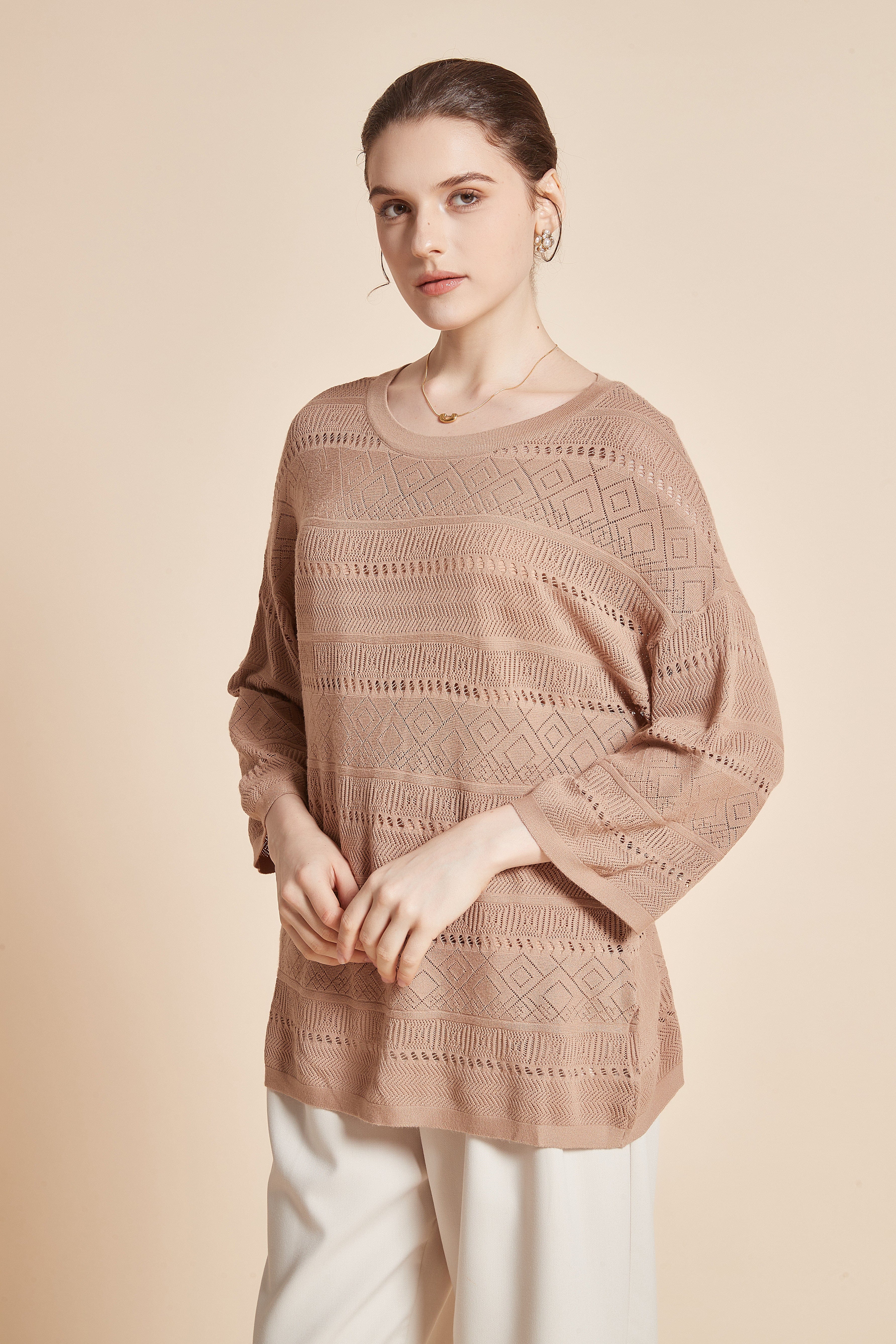 Long 3/4 Sleeve Eyelet Blouse - Image 5