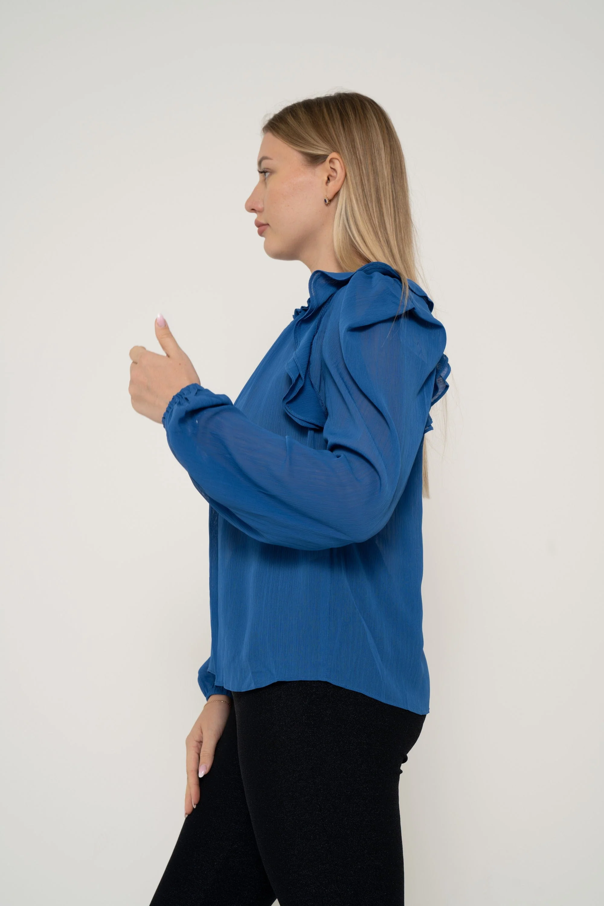 Plain Chiffon Blouse With Ruffled Shoulder And Long Sleeves - Image 3