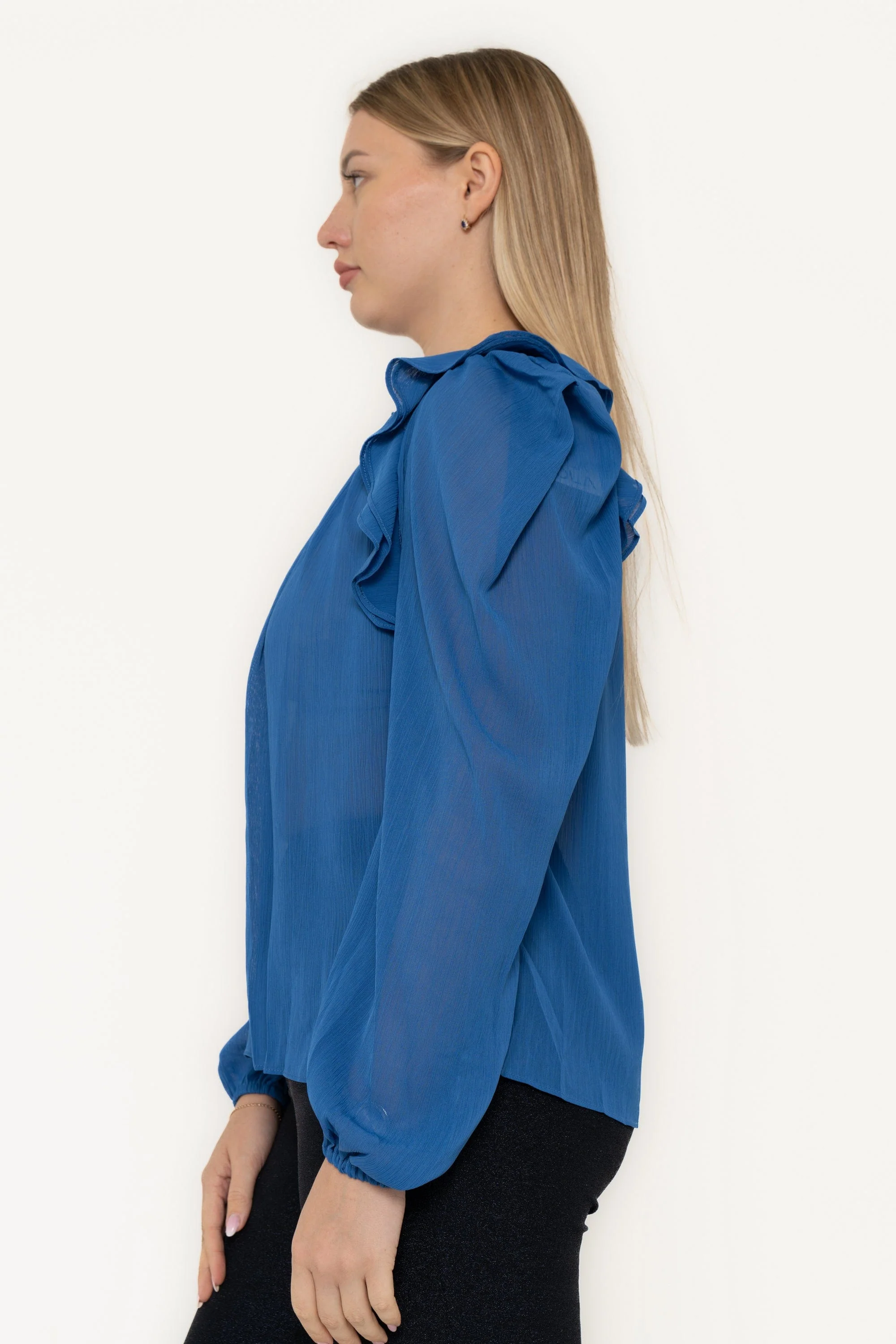 Plain Chiffon Blouse With Ruffled Shoulder And Long Sleeves - Image 4