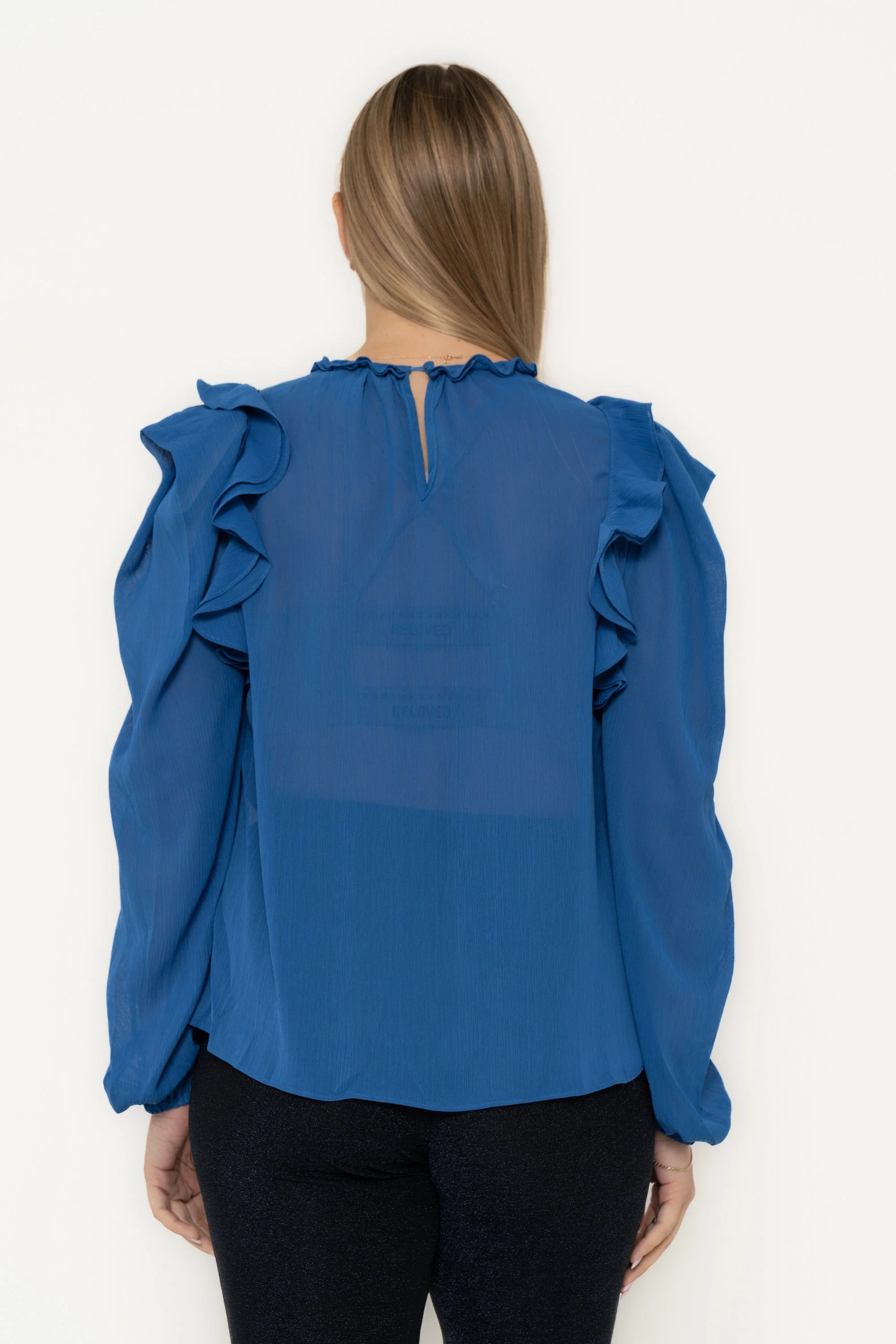Plain Chiffon Blouse With Ruffled Shoulder And Long Sleeves - Image 5