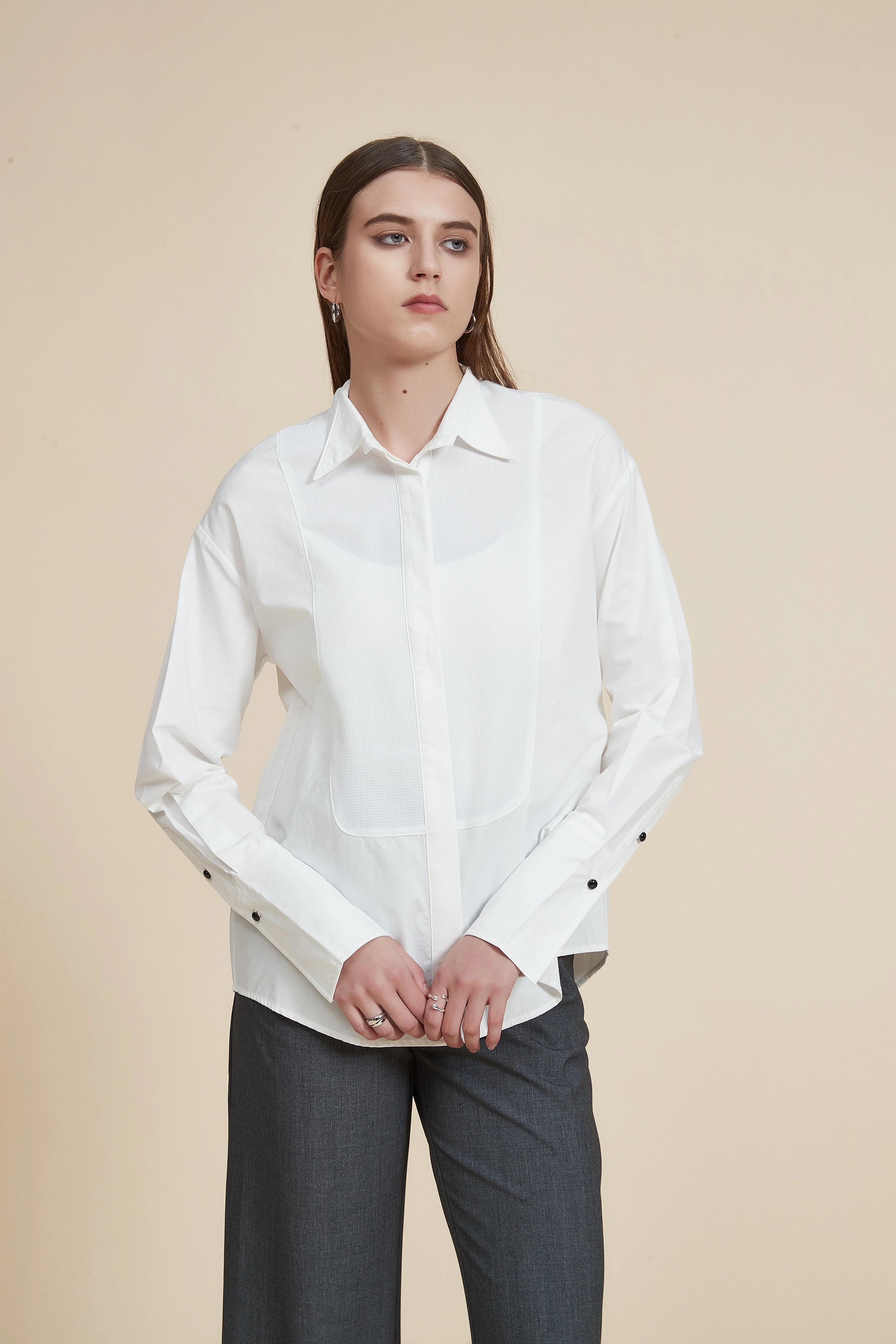 Long Front Buttoned Collar Blouse - Image 2