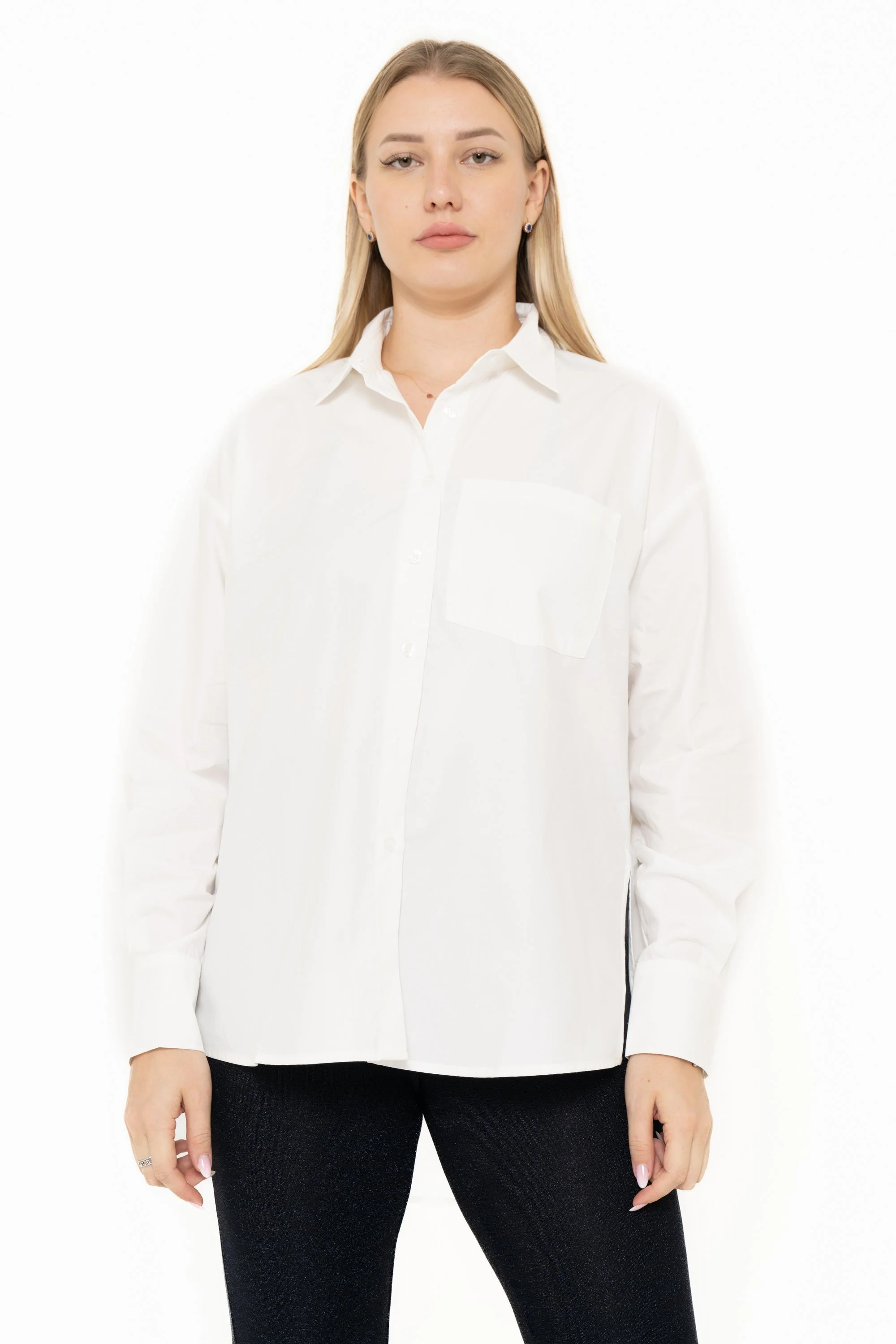 Solid Color Blouse With Front Buttons, Long Sleeves - Image 2
