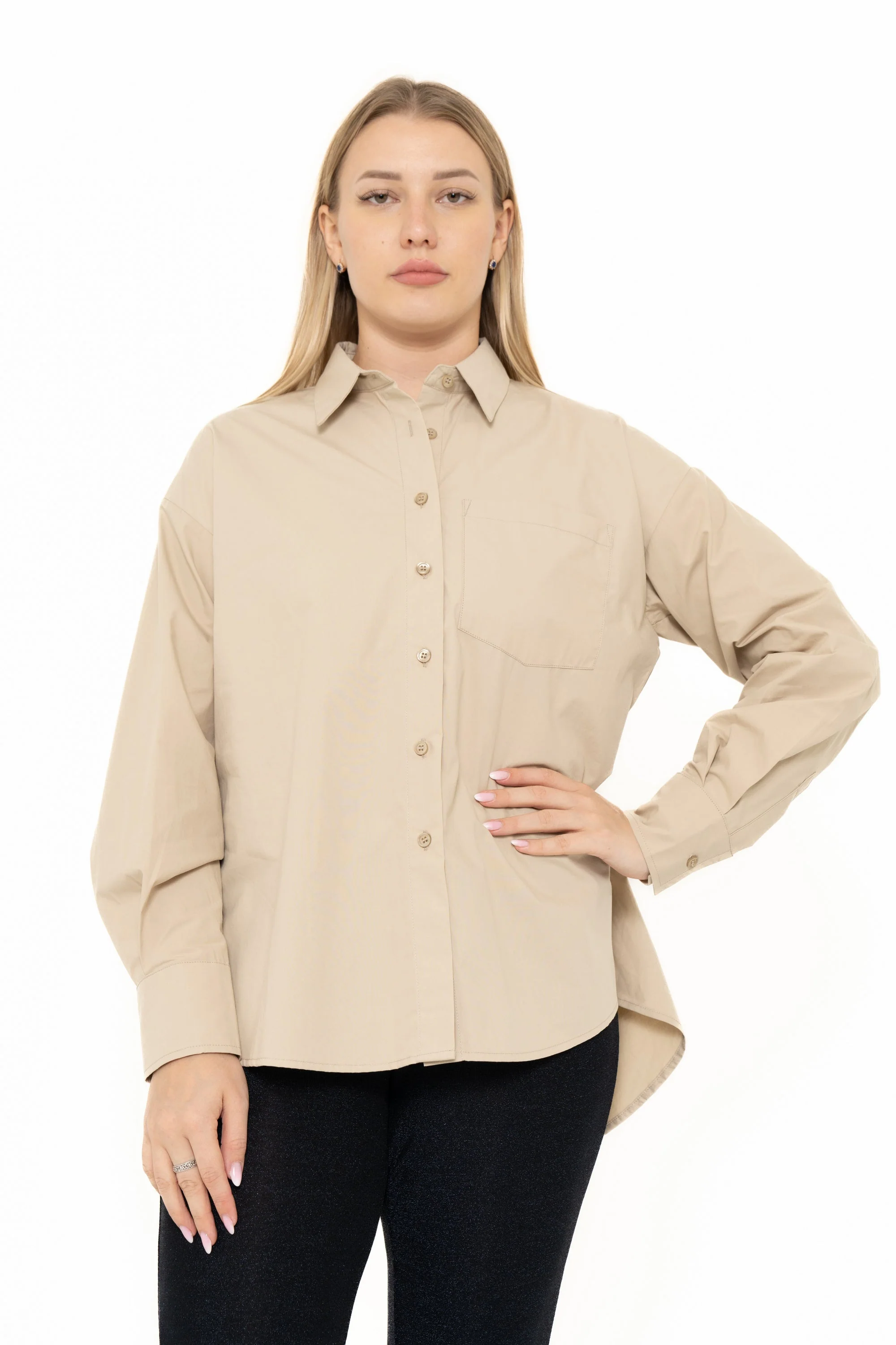 Solid Color Blouse With Front Buttons, Long Sleeves - Image 5