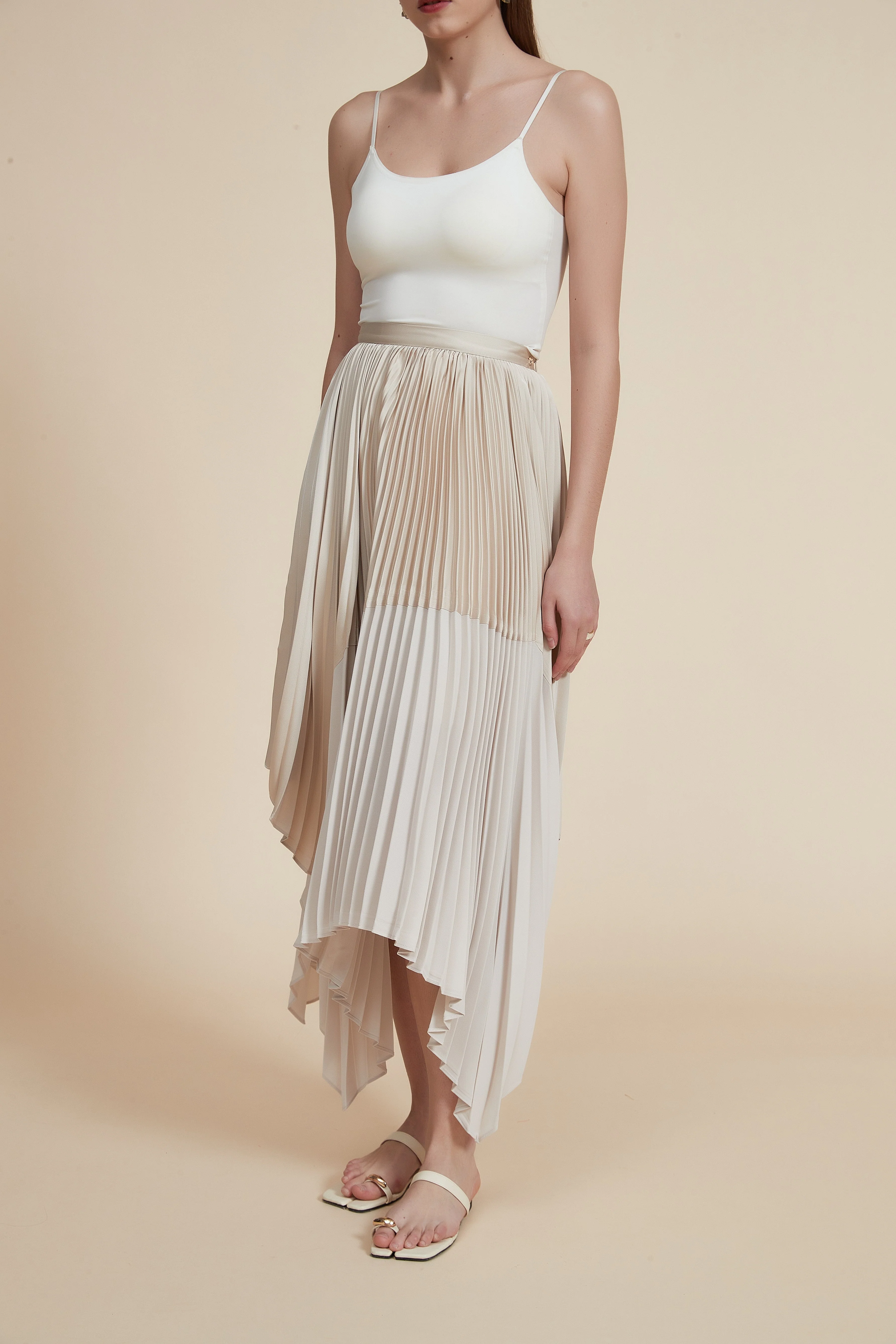 Asymmetrical High-Waisted Pleated Midi Skirt