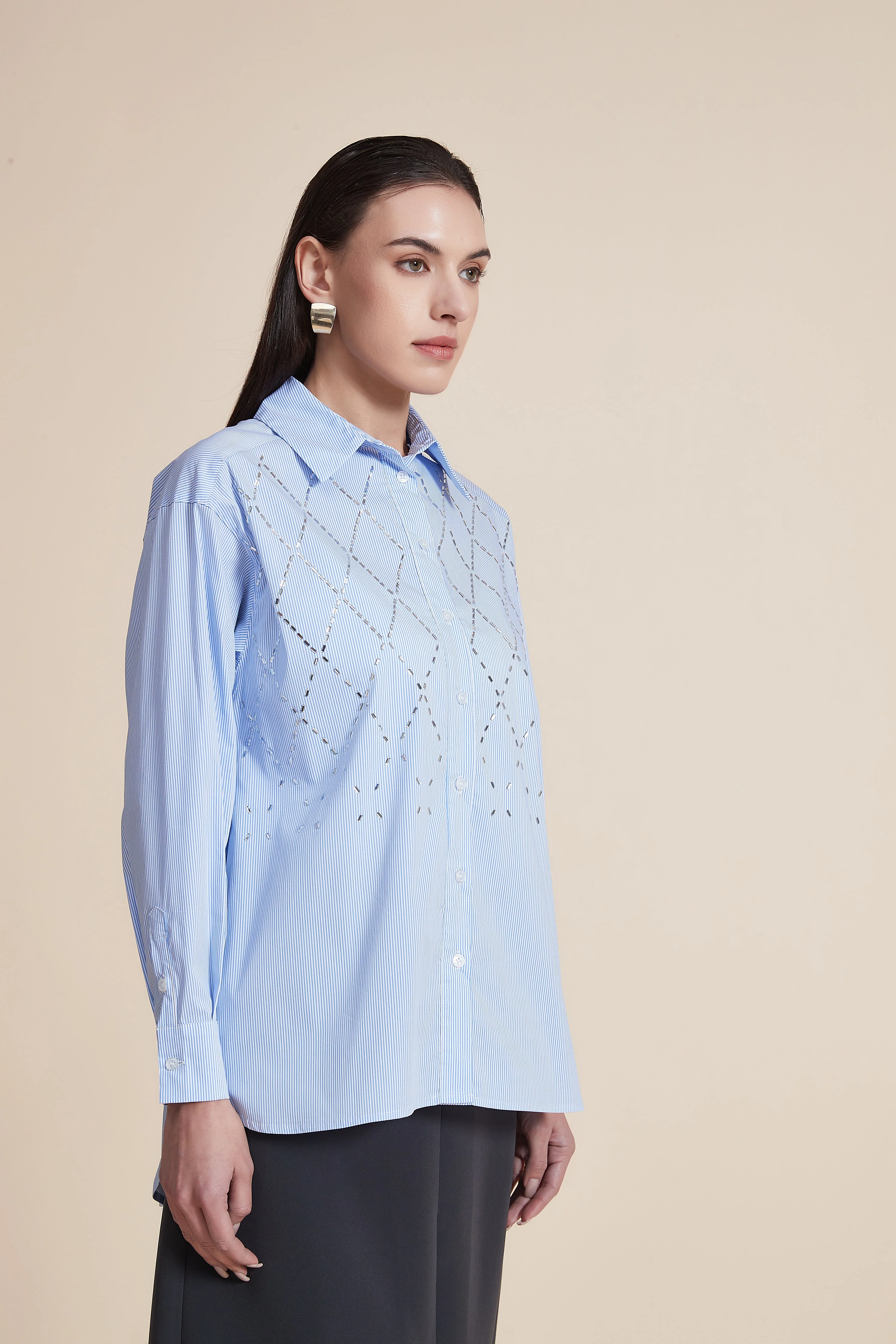 Striped shirt with rhinestone details long sleeve