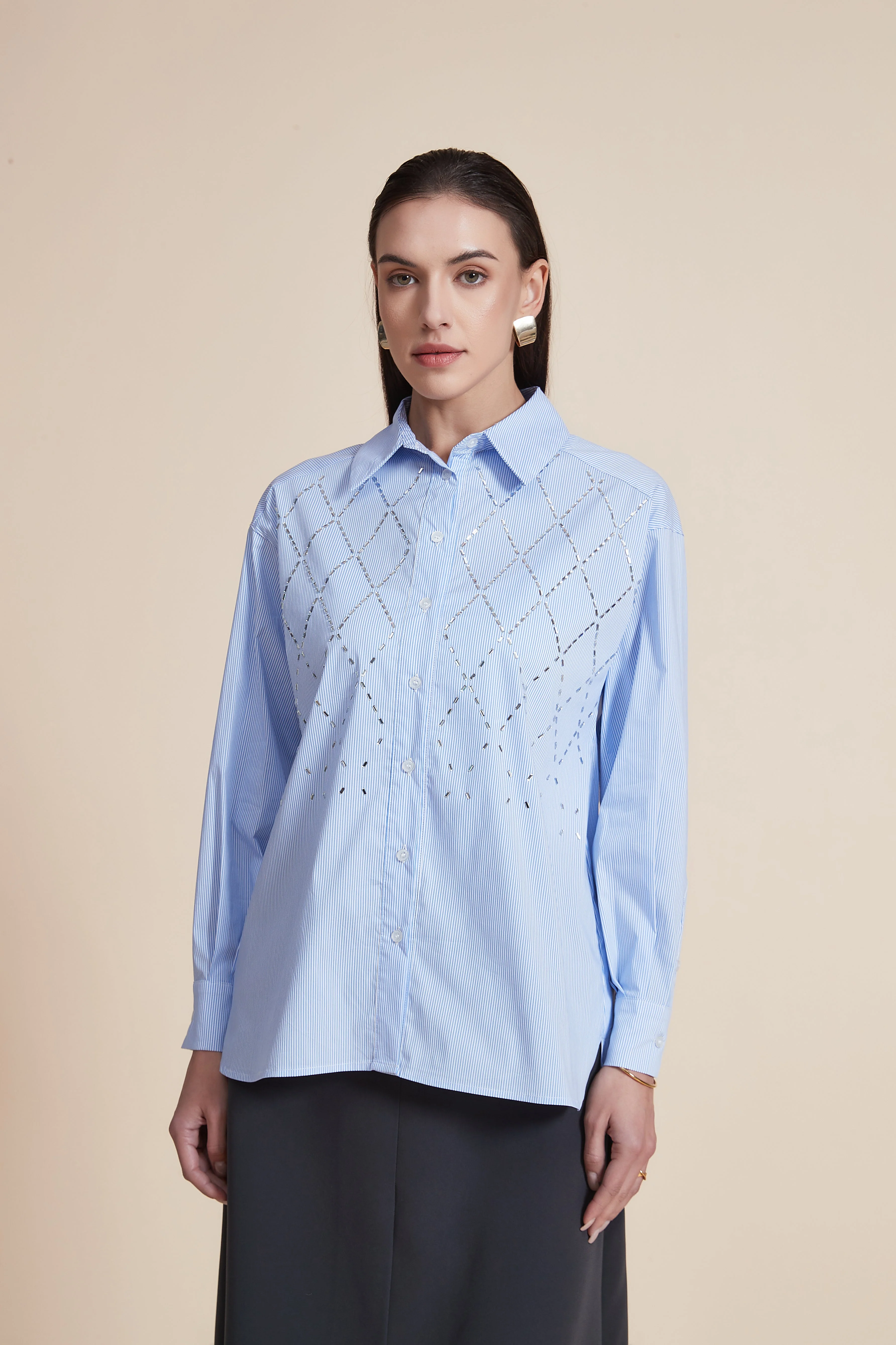 Striped shirt with rhinestone details long sleeve - Image 2