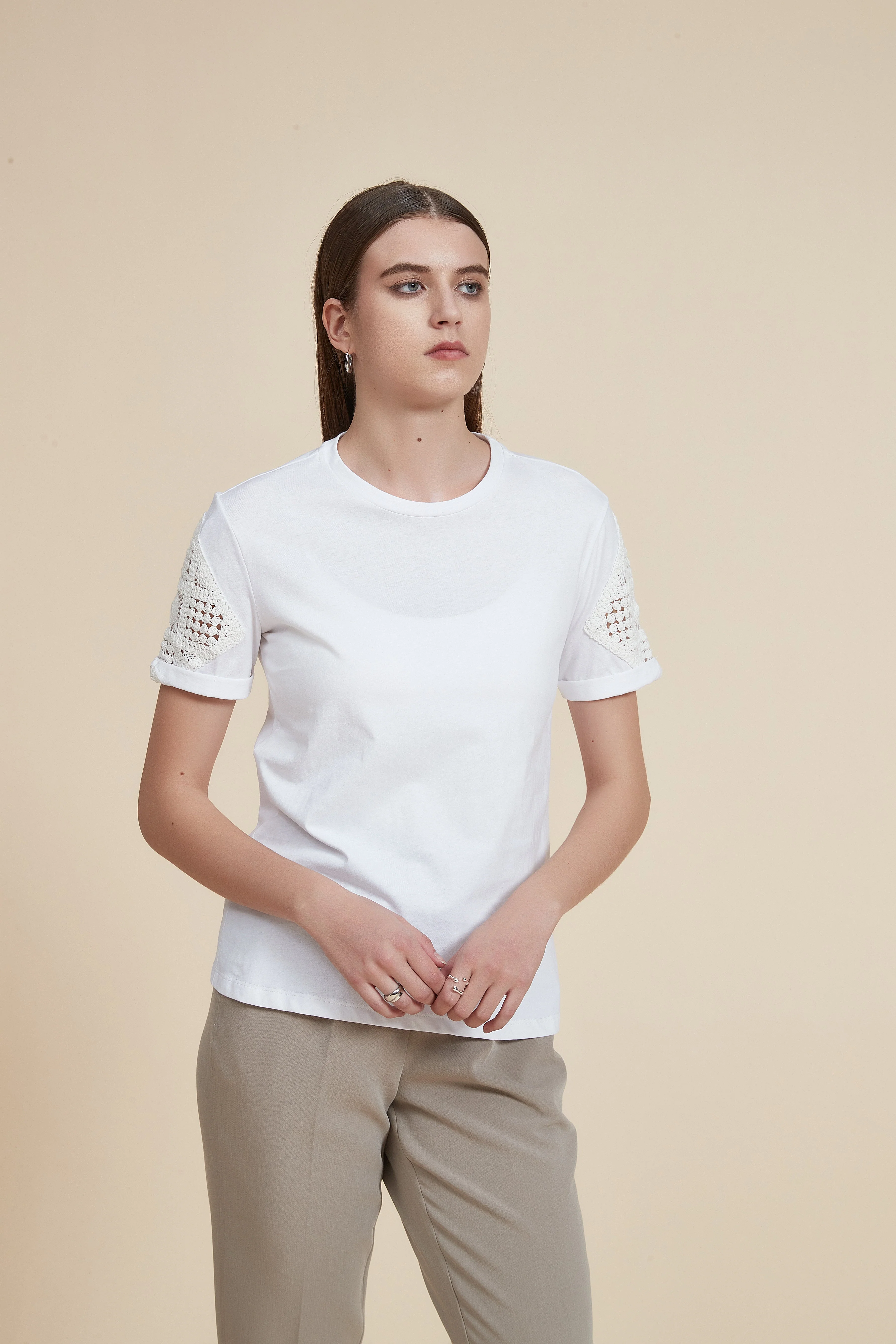 Plain Blouse with Embroidered Sleeve