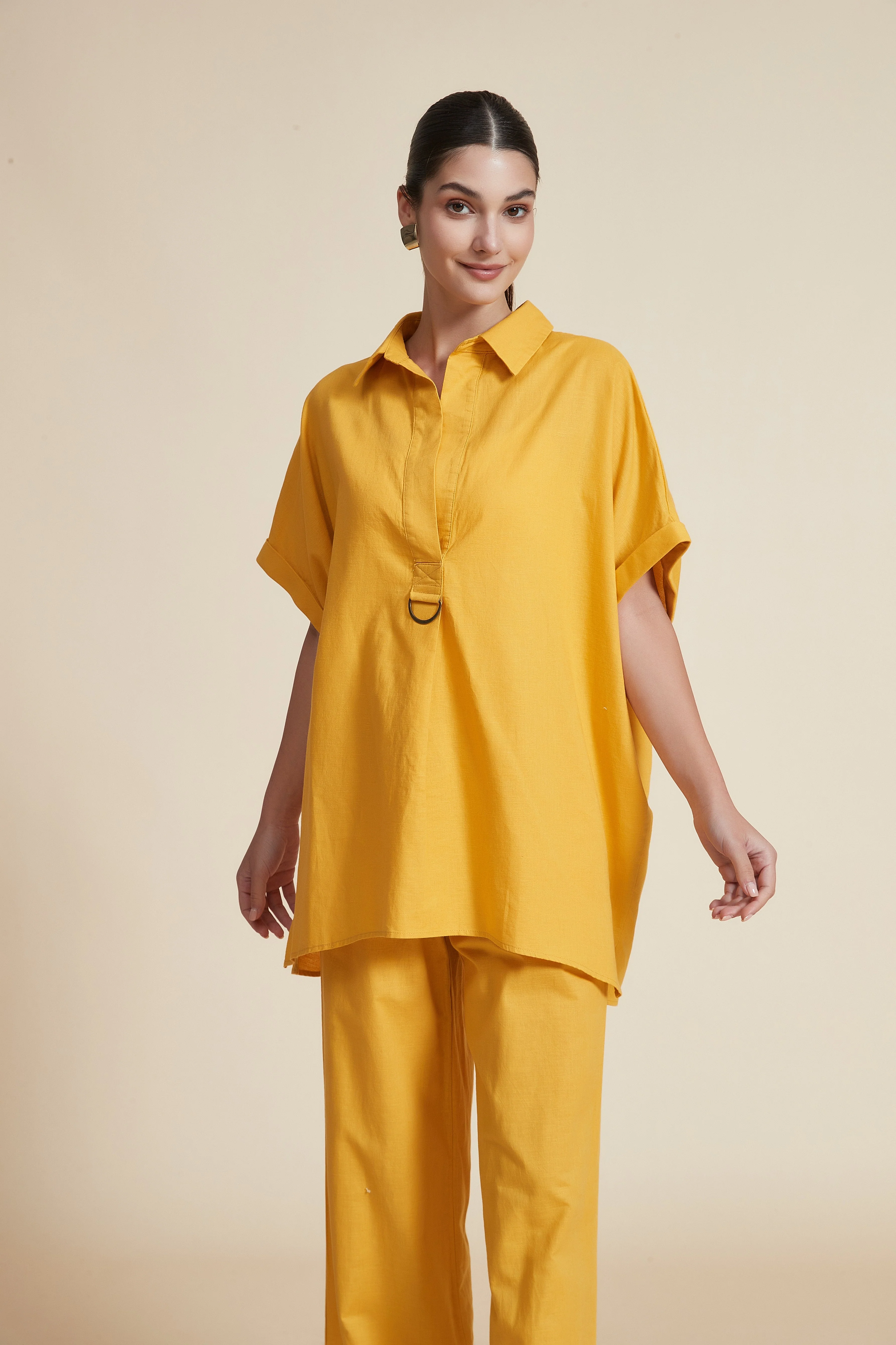 Plain Shirt Collar Half Sleeve Blouse