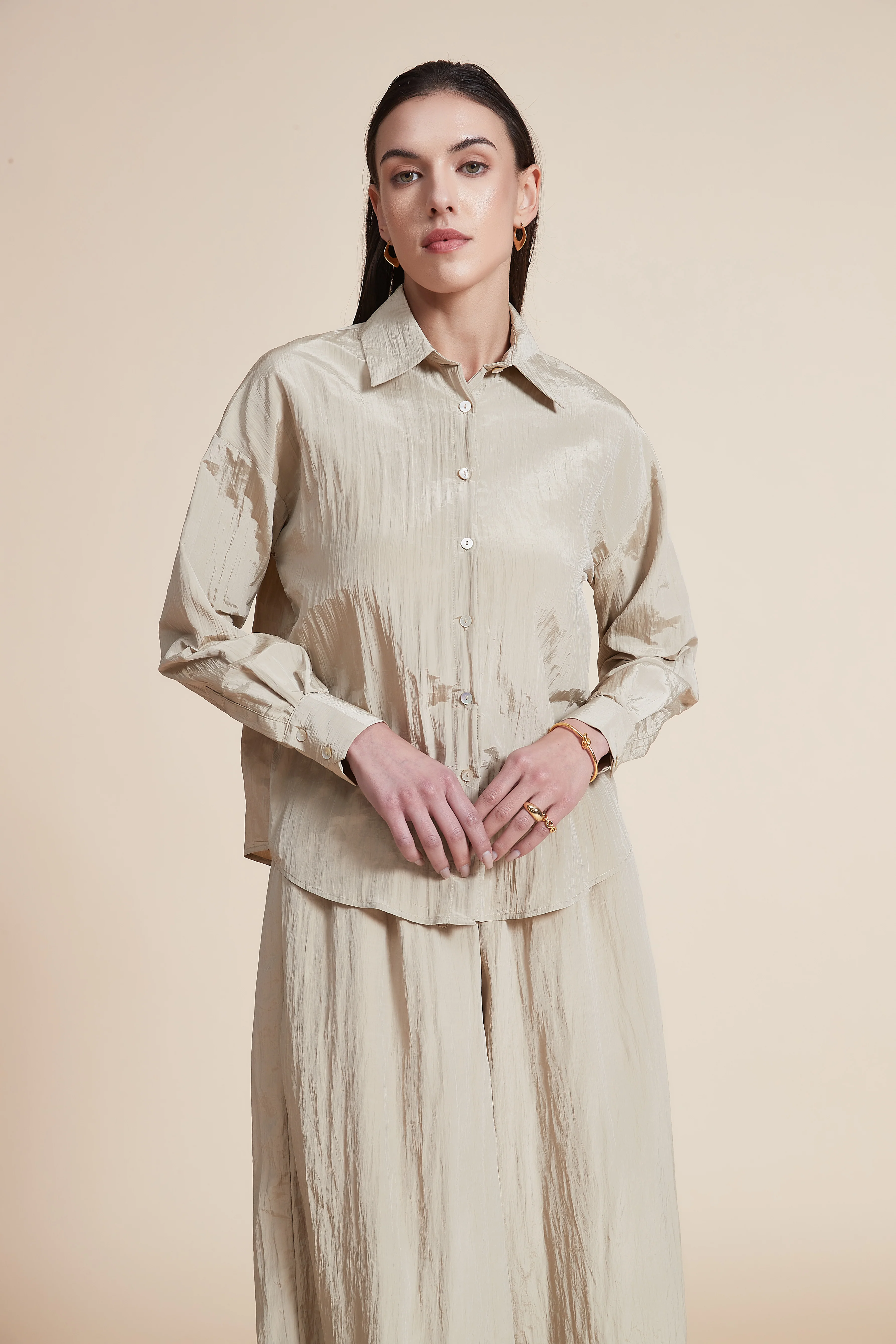 Plain Long-Sleeve Blouse with Buttons