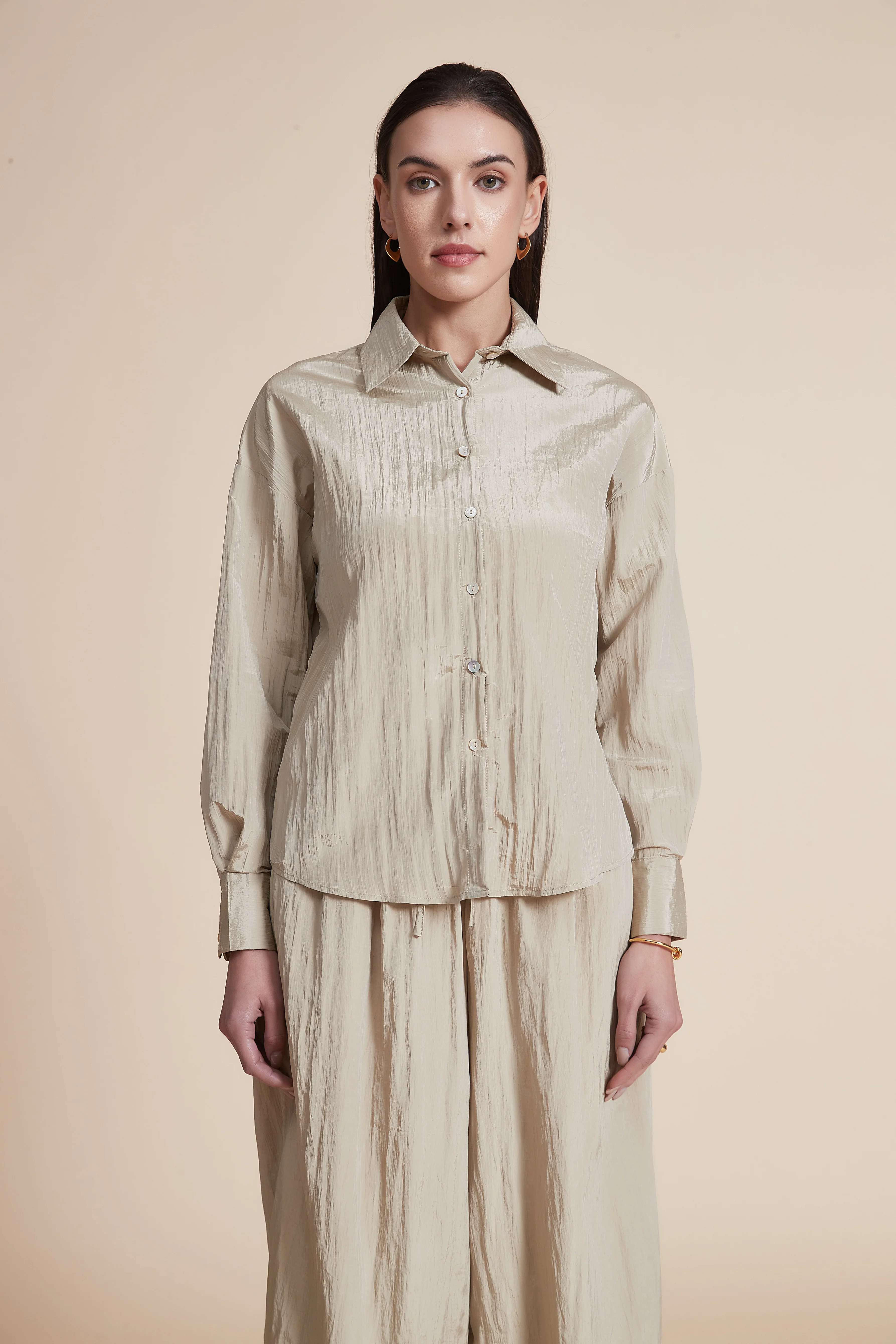 Plain Long-Sleeve Blouse with Buttons - Image 2