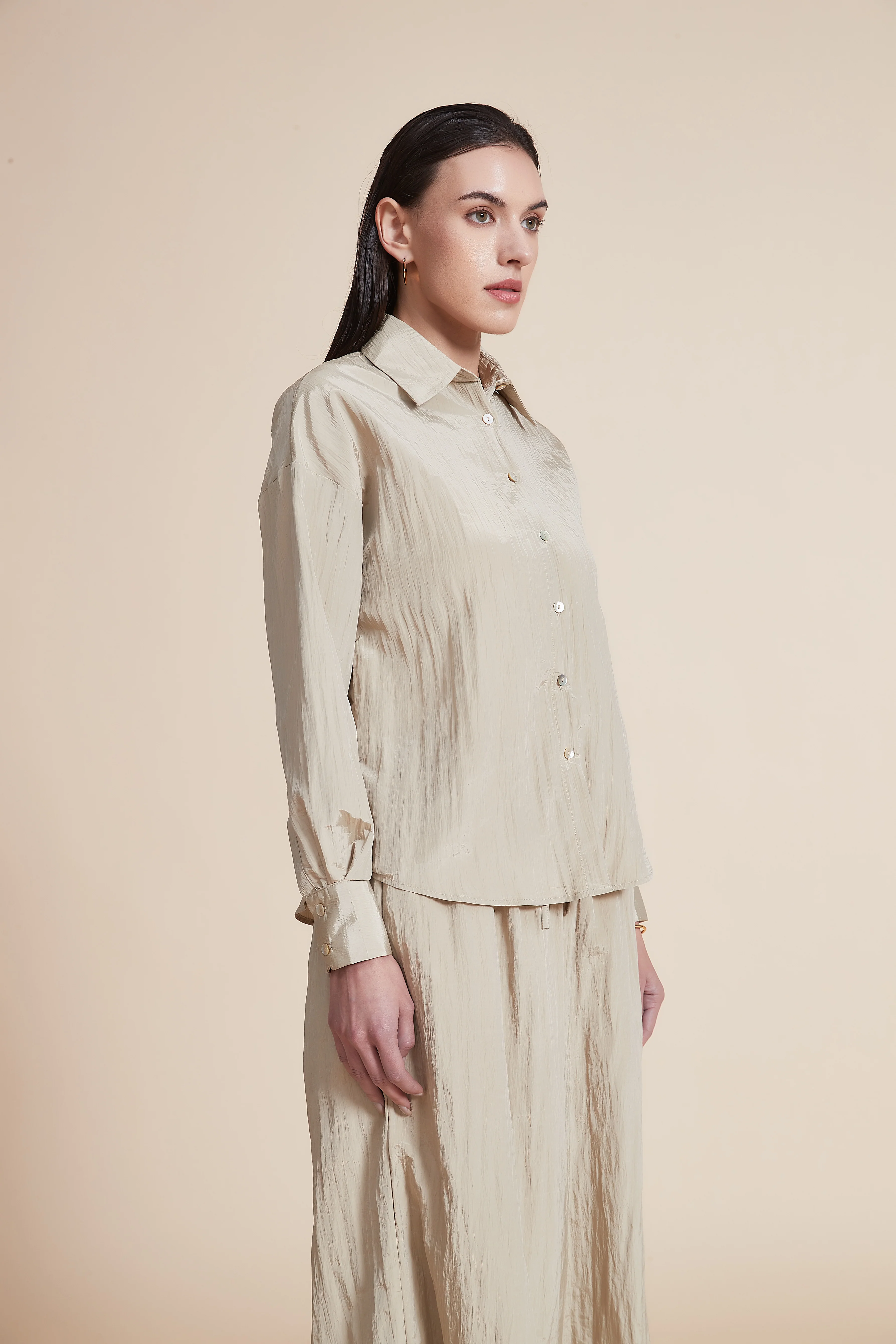 Plain Long-Sleeve Blouse with Buttons - Image 3