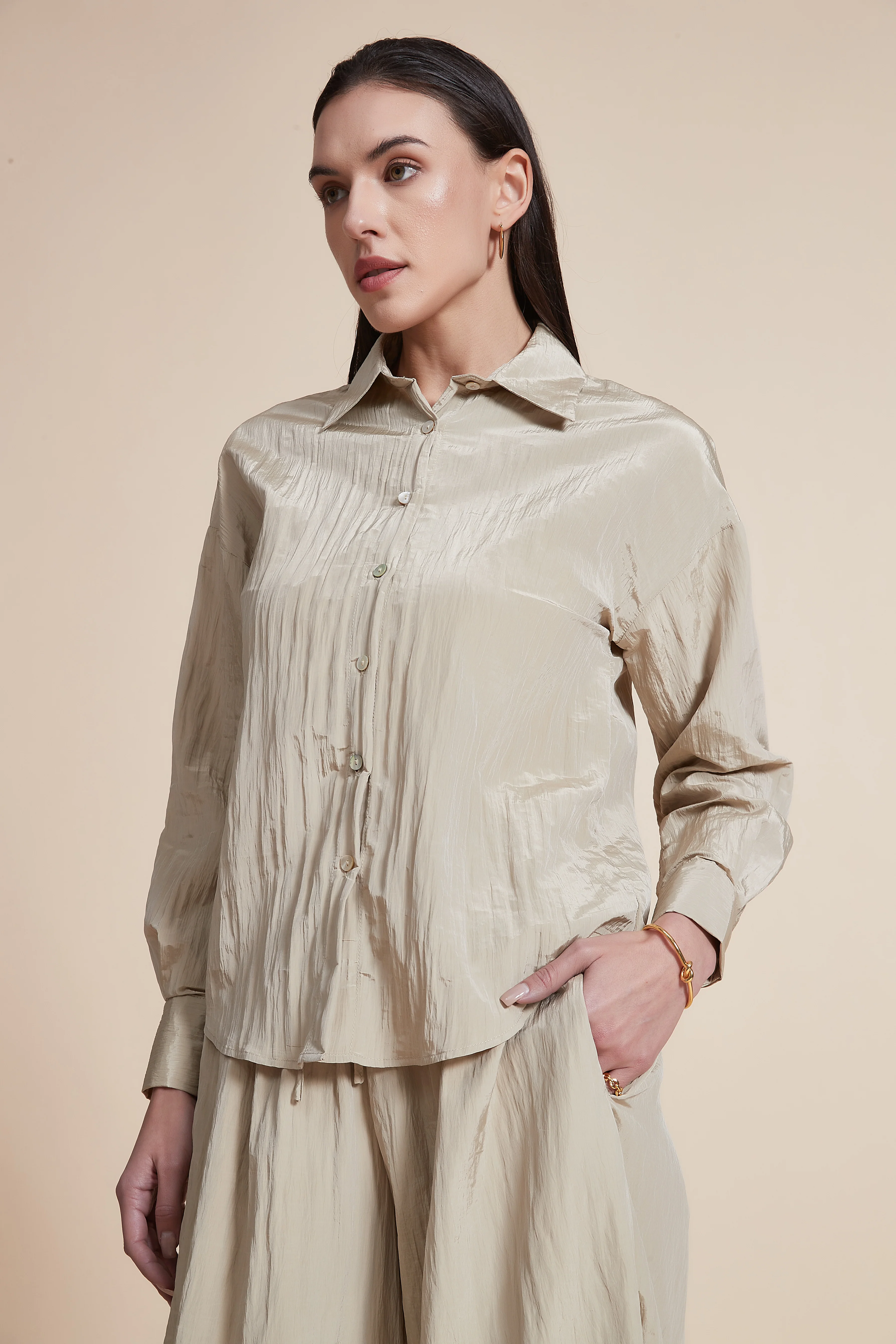 Plain Long-Sleeve Blouse with Buttons - Image 4