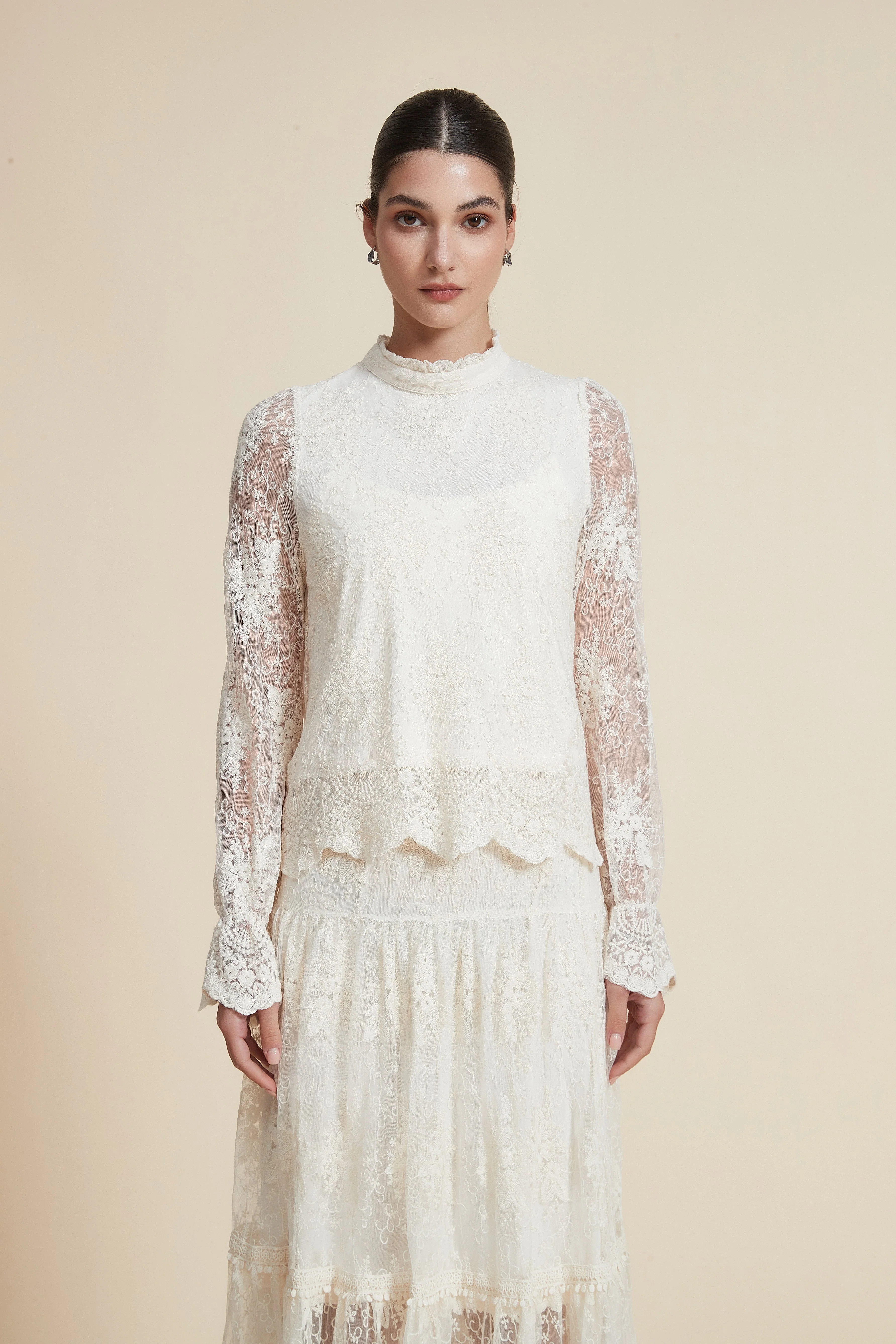 Long Sleeve Sheer Printed Blouse with High Collar - Image 2