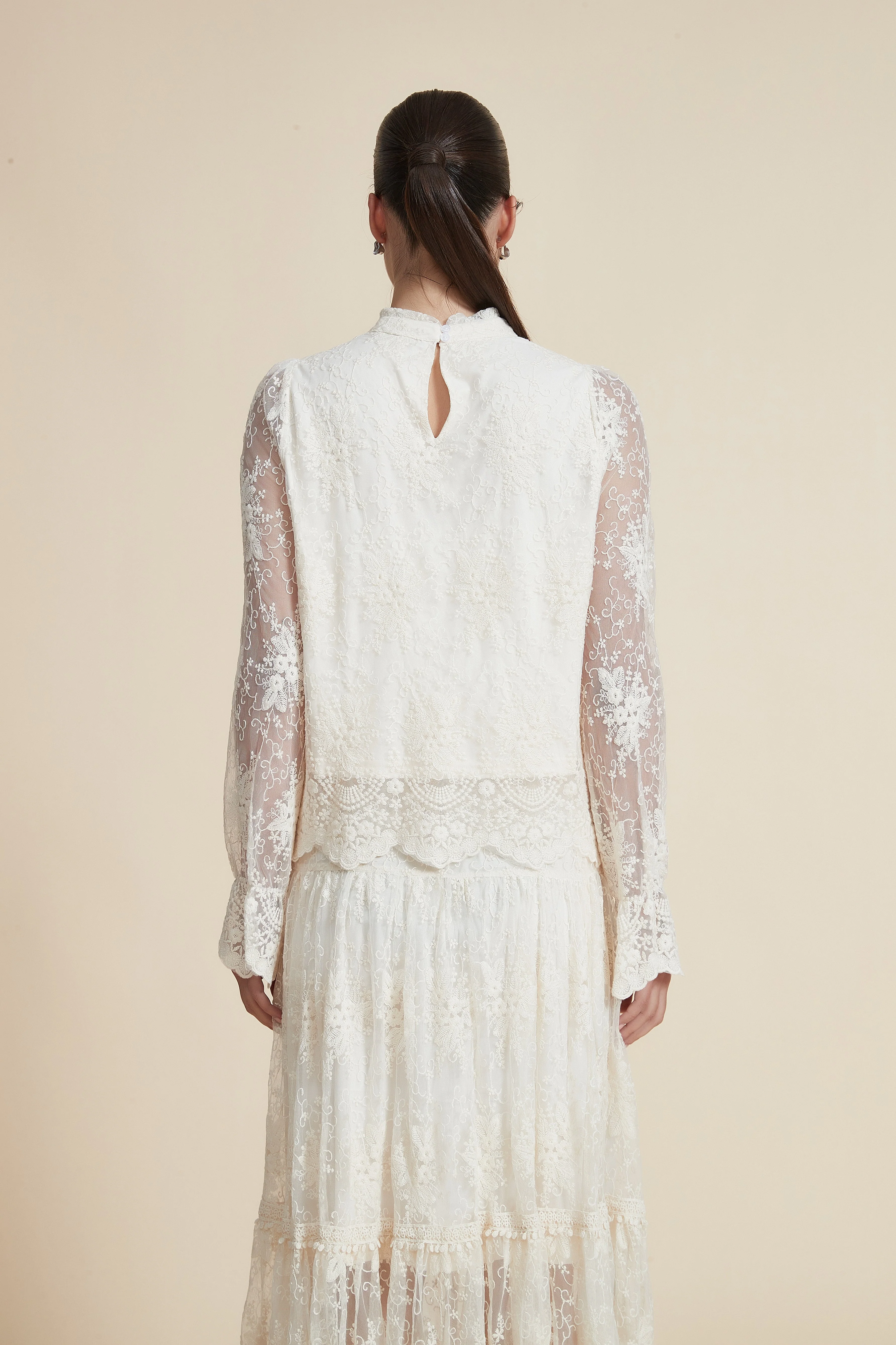 Long Sleeve Sheer Printed Blouse with High Collar - Image 3