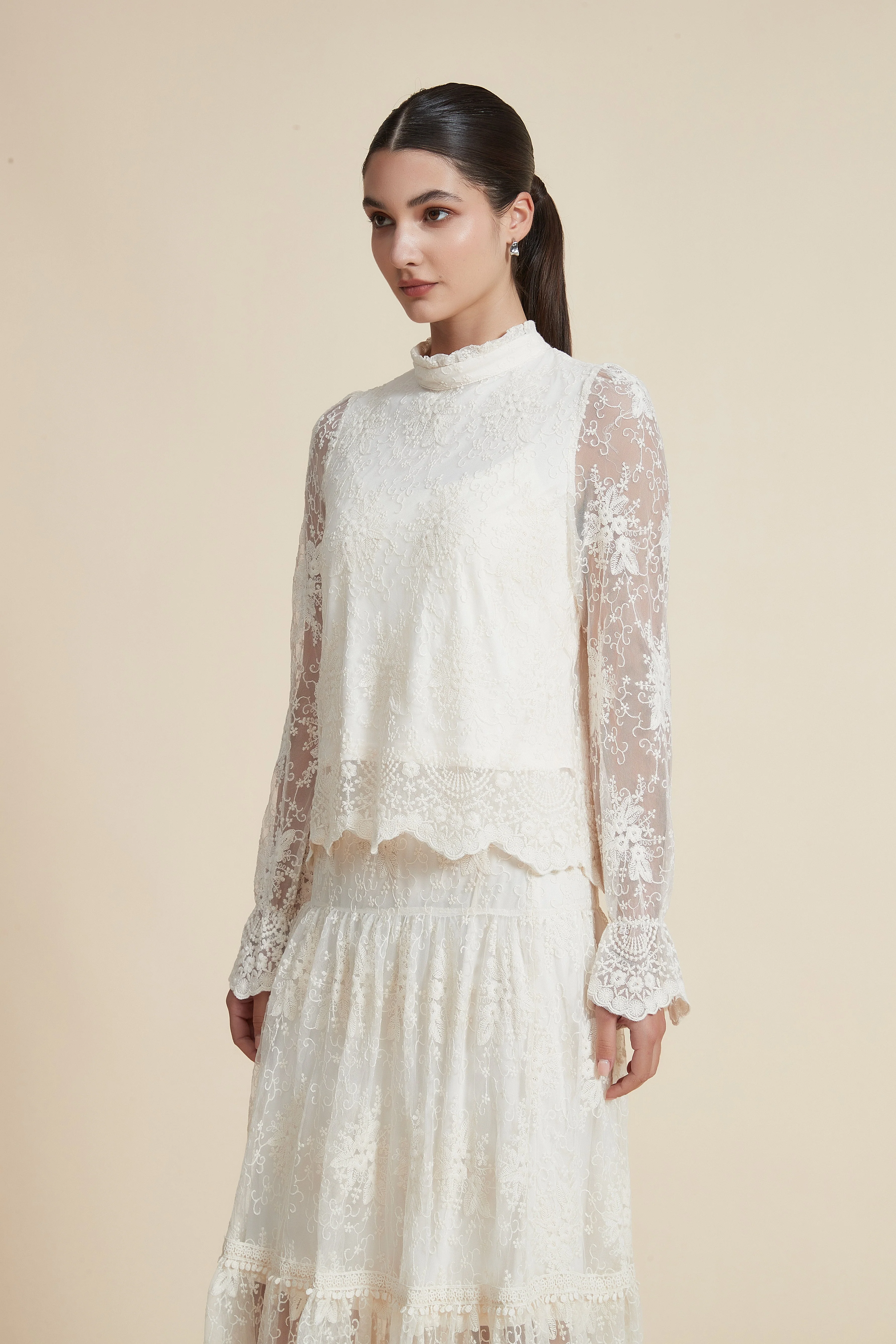 Long Sleeve Sheer Printed Blouse with High Collar - Image 7