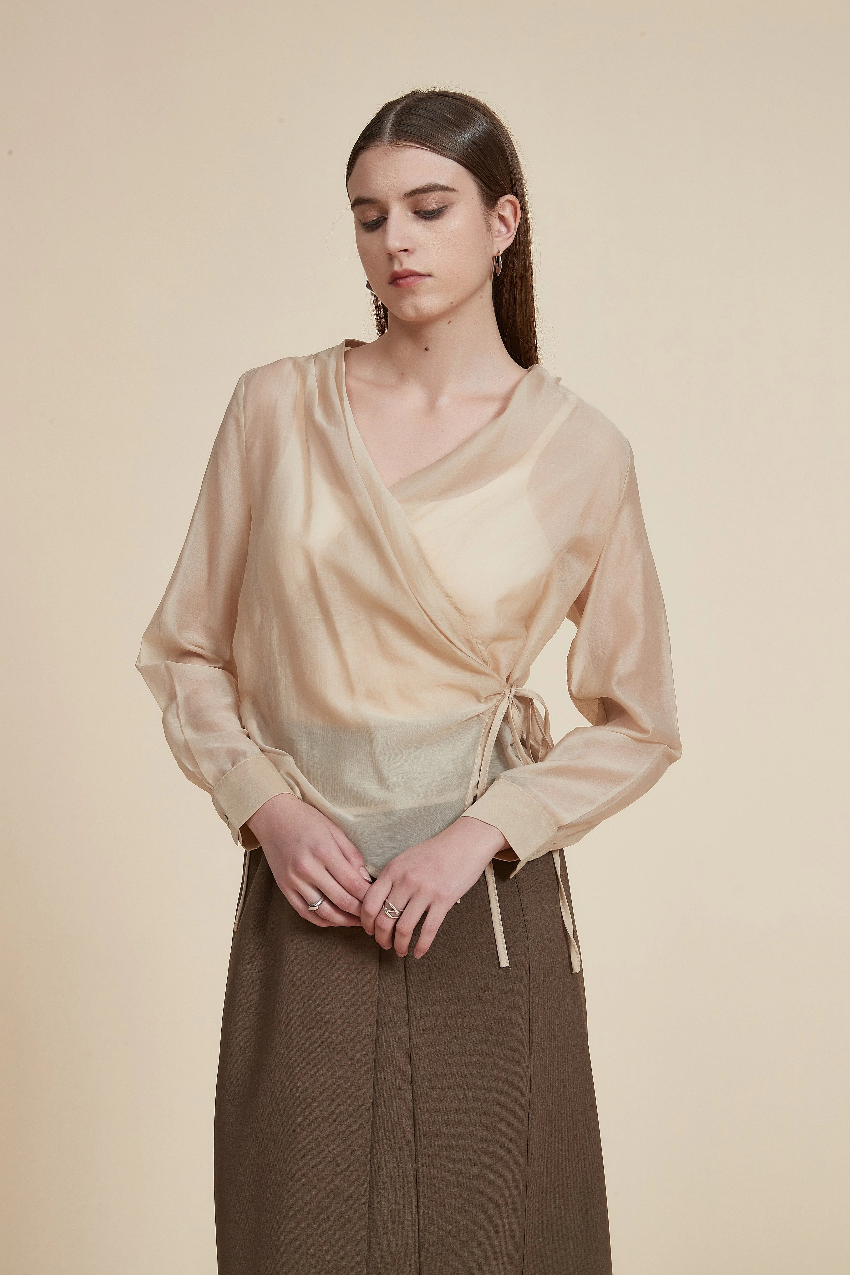 Plain Long Sleeve Blouse with Wrap Design