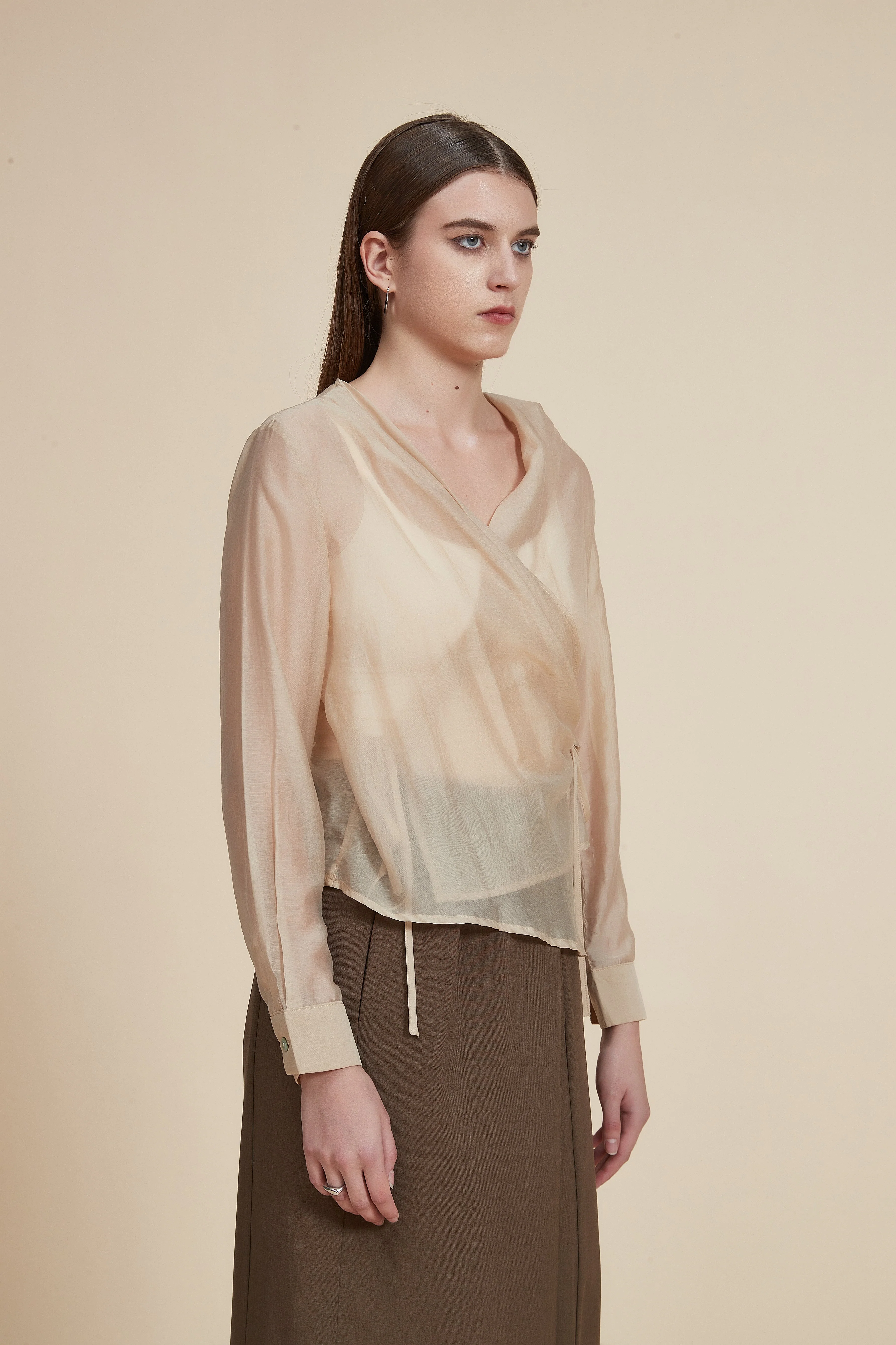 Plain Long Sleeve Blouse with Wrap Design - Image 5