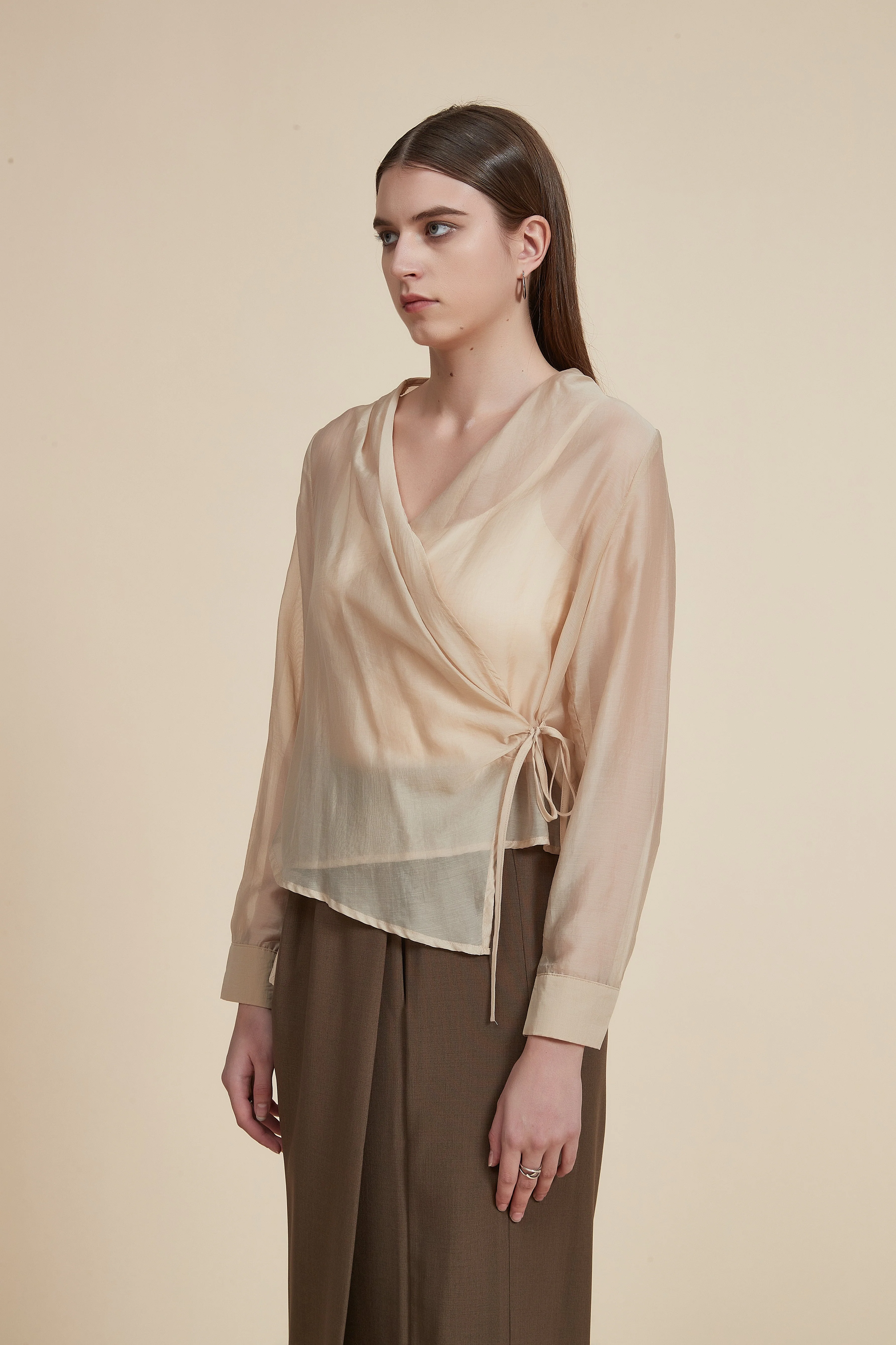 Plain Long Sleeve Blouse with Wrap Design - Image 6