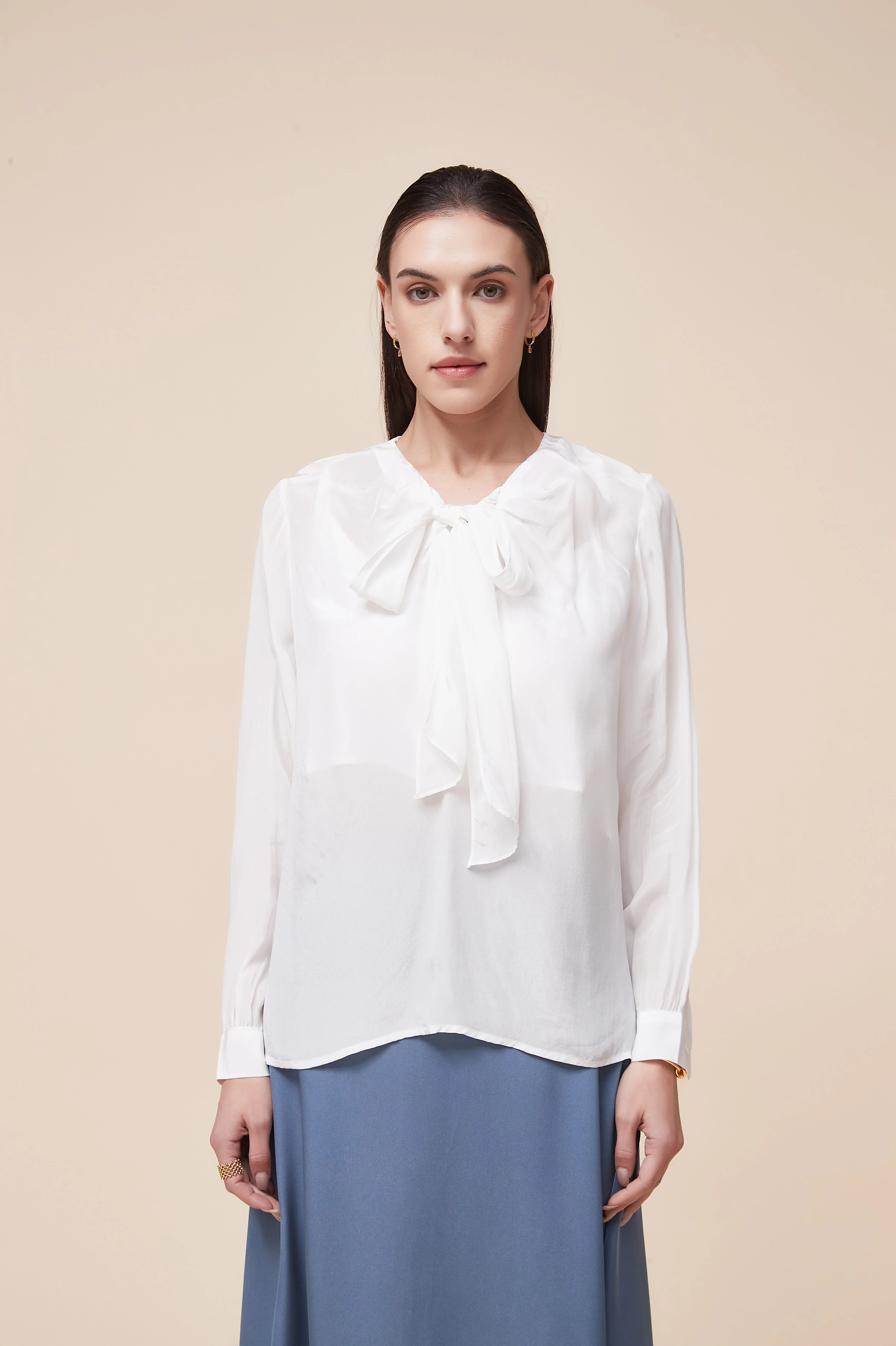 Long sleeve blouse with round neck and high collar bow - Image 2