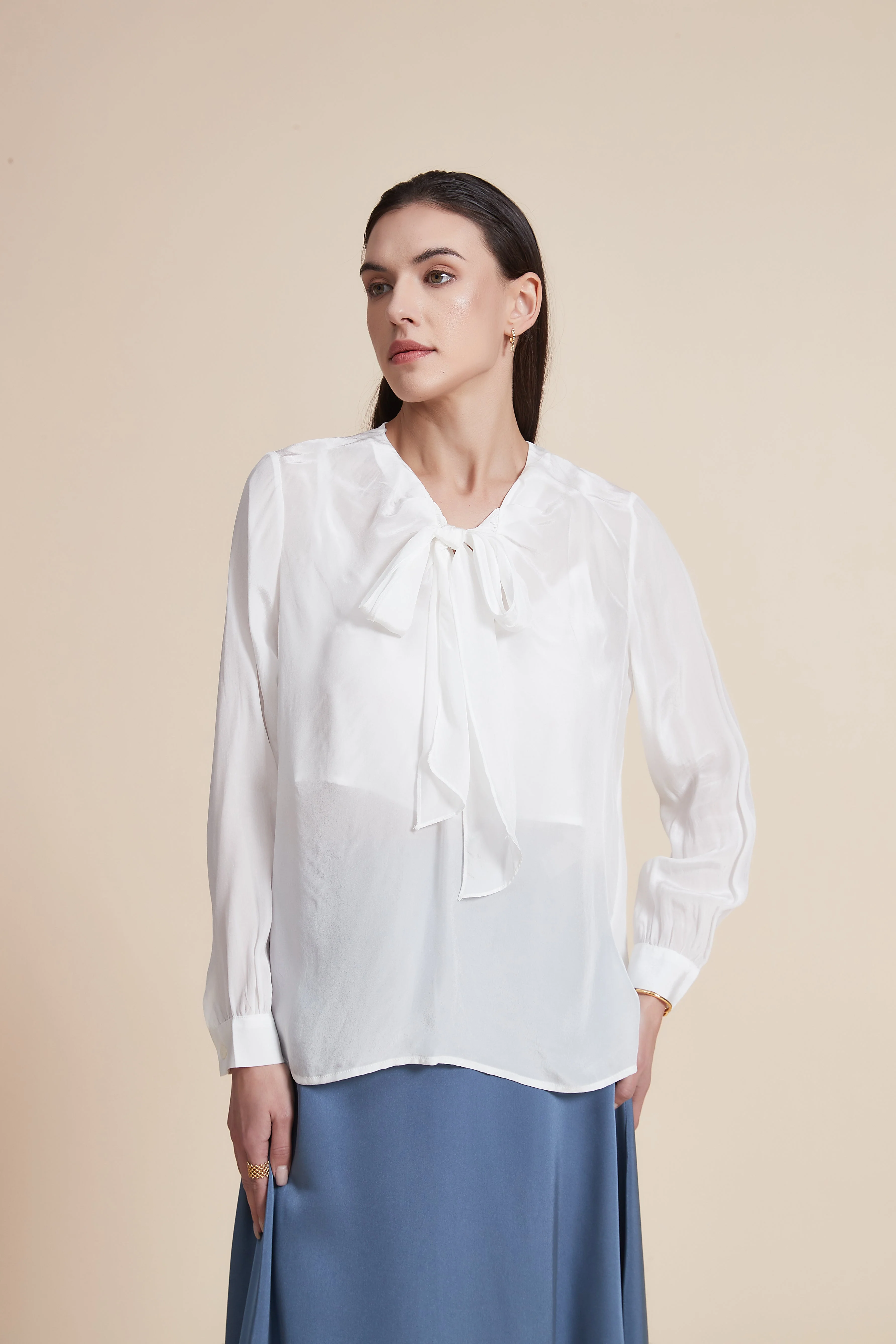 Long sleeve blouse with round neck and high collar bow - Image 5