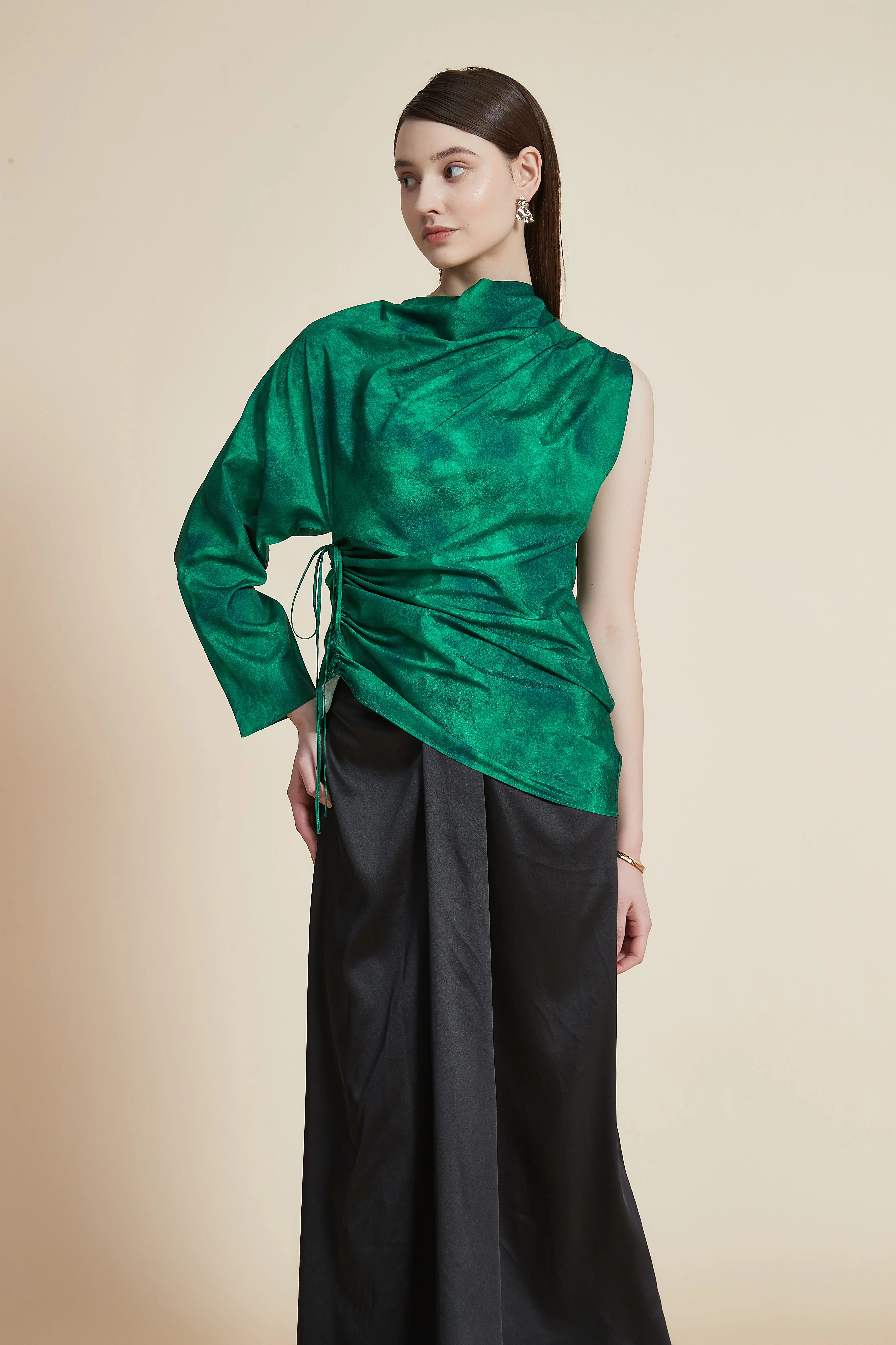 Women's Long Sleeve One-Shoulder Blouse with High Neck