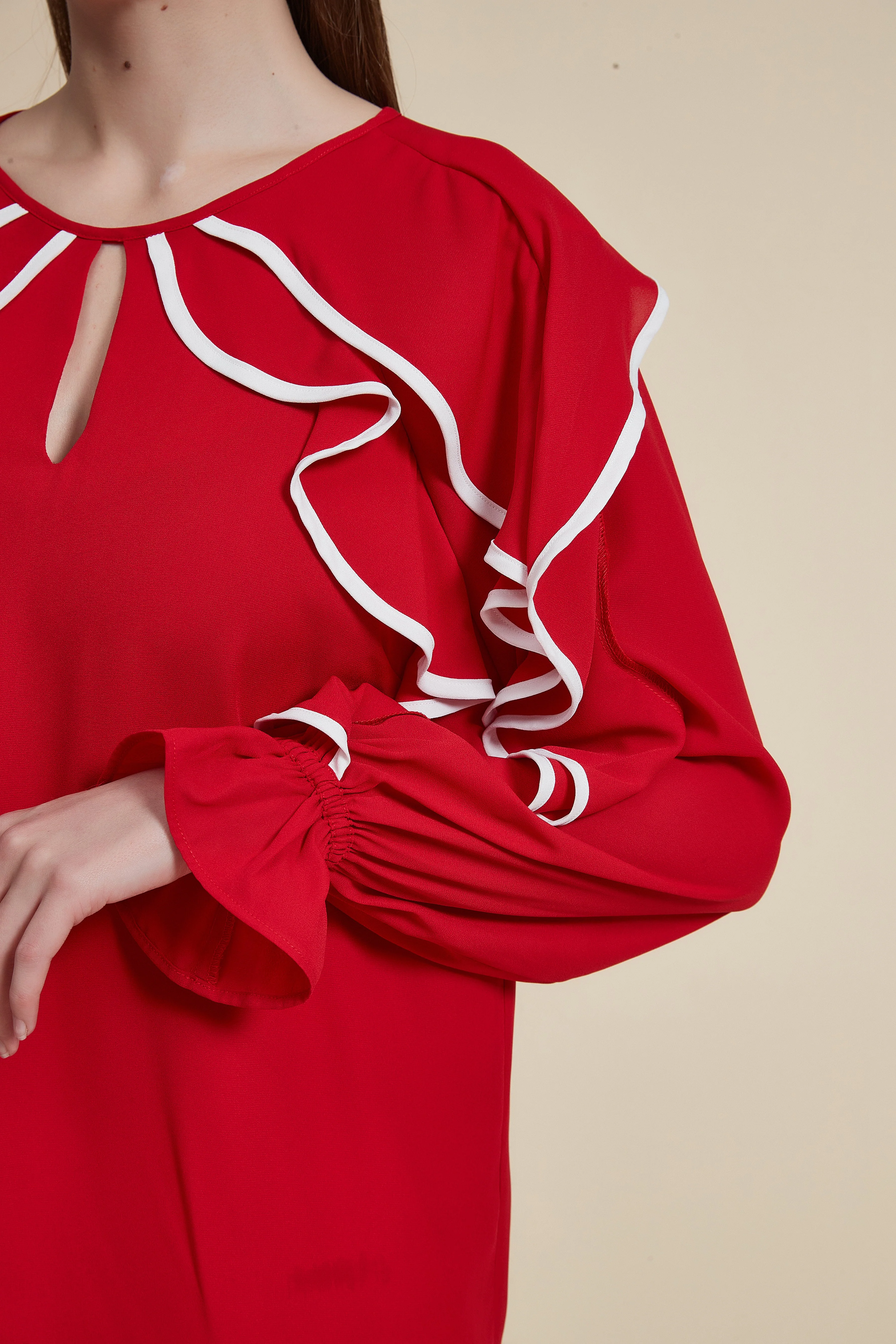 Hip-Length Ruffled Long Sleeve Blouse - Image 3