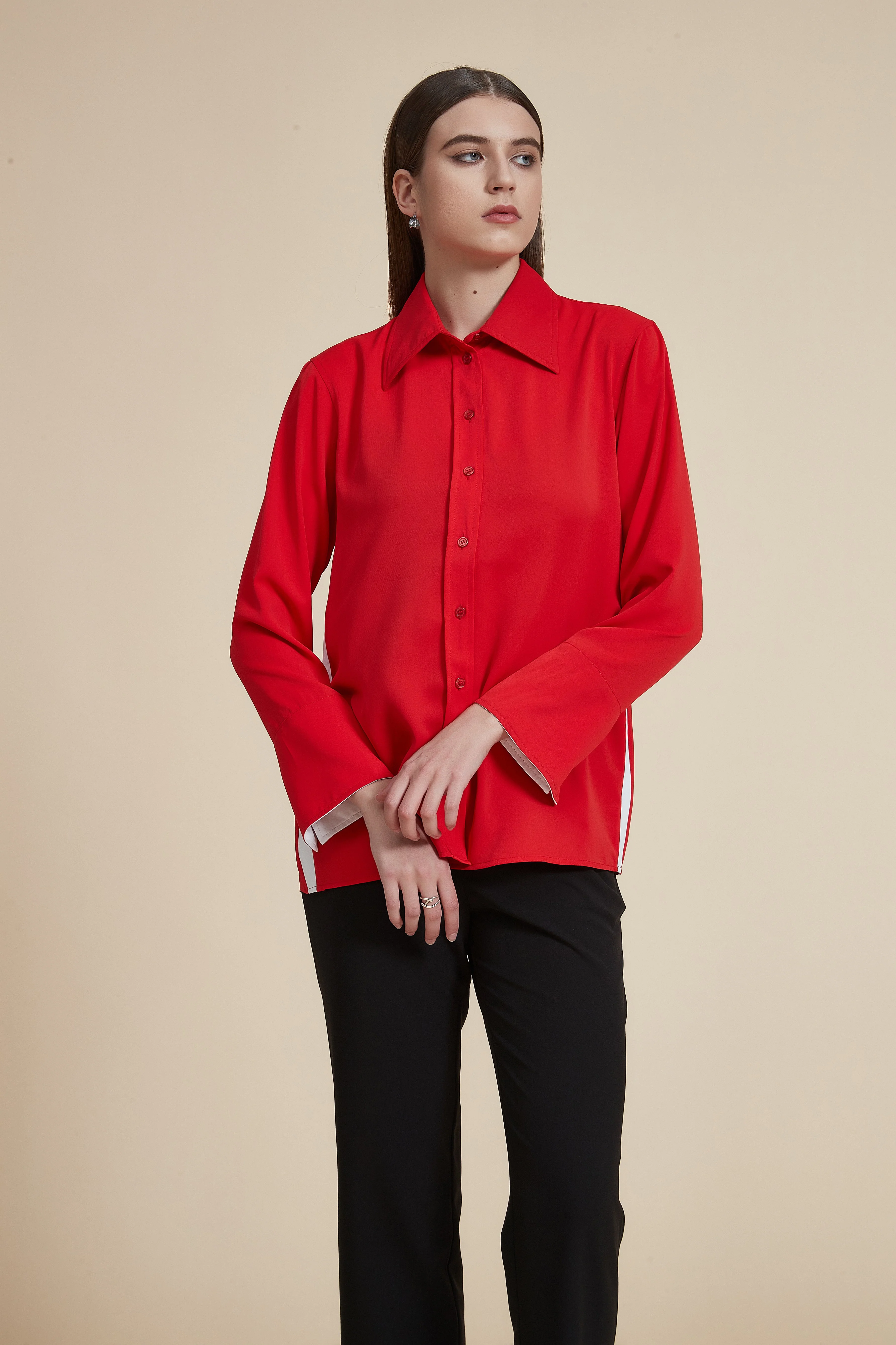 Solid Long Sleeve Blouse with Shirt Collar