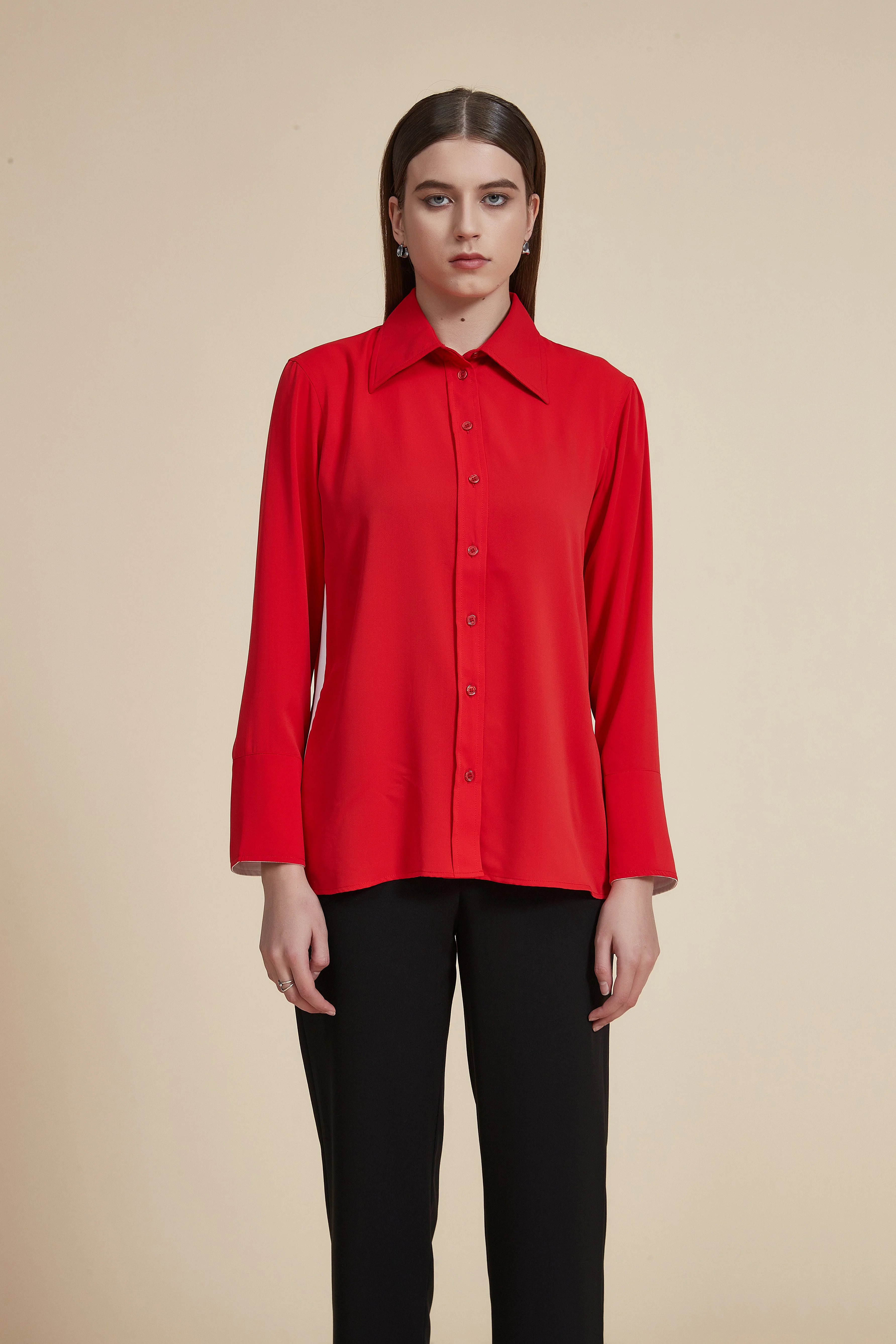 Solid Long Sleeve Blouse with Shirt Collar - Image 2