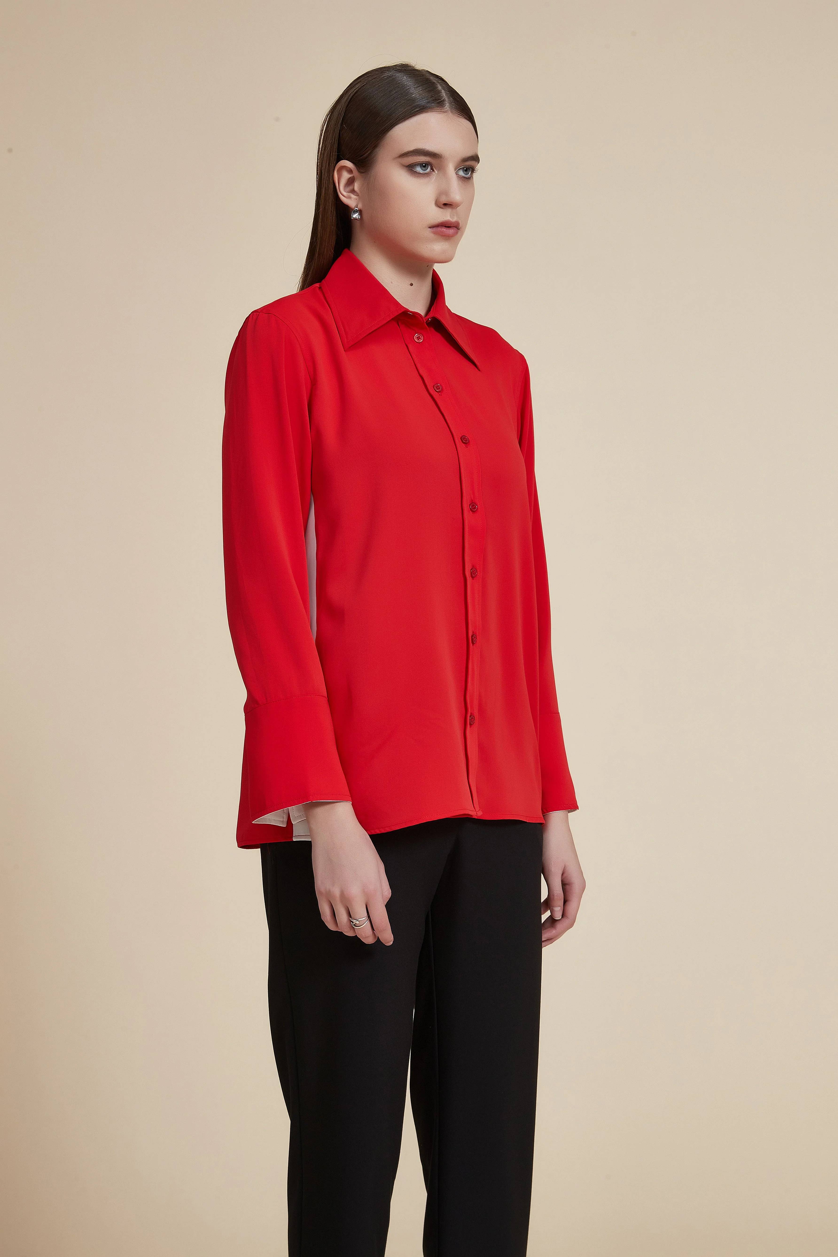 Solid Long Sleeve Blouse with Shirt Collar - Image 4