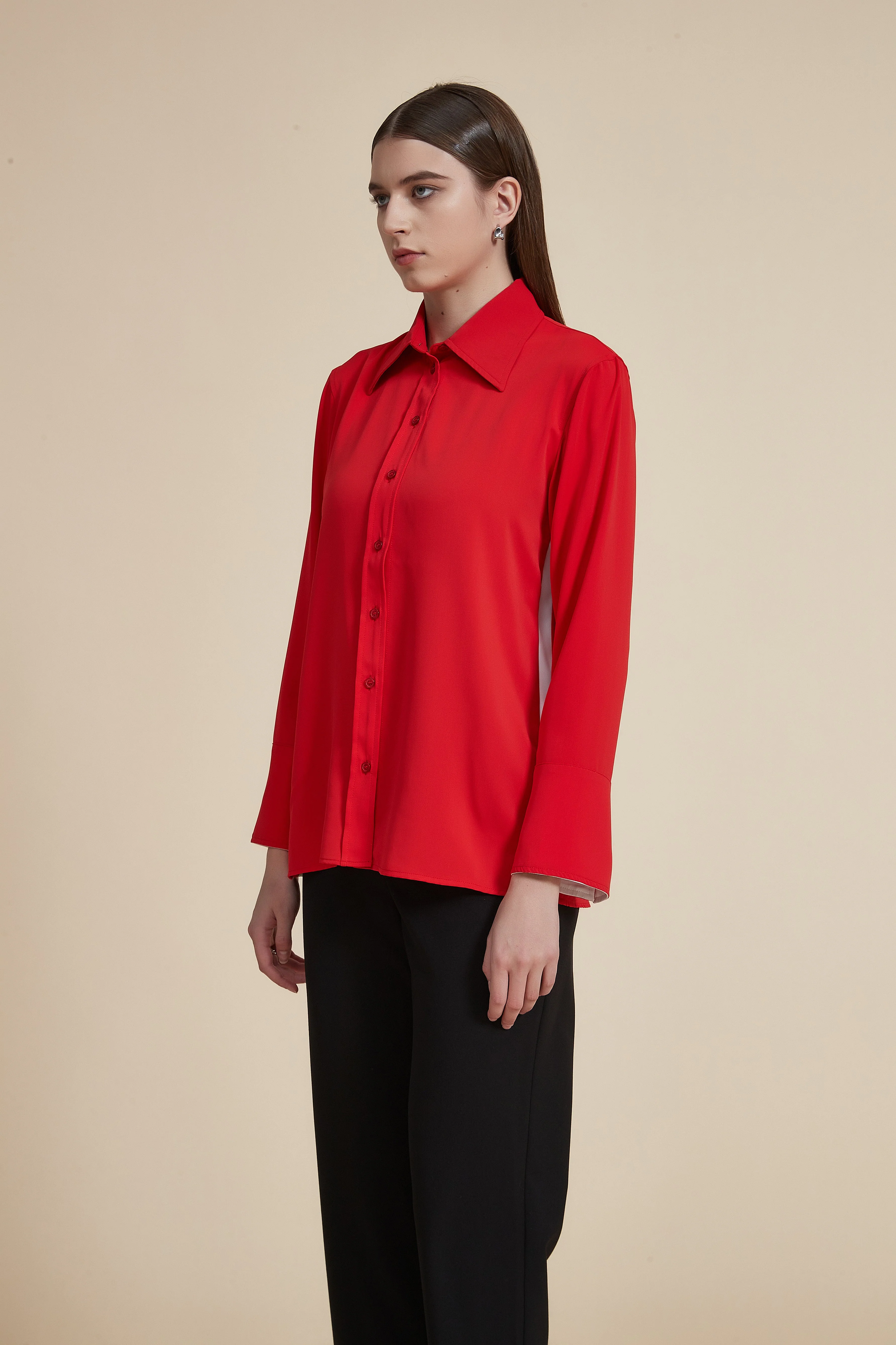 Solid Long Sleeve Blouse with Shirt Collar - Image 5