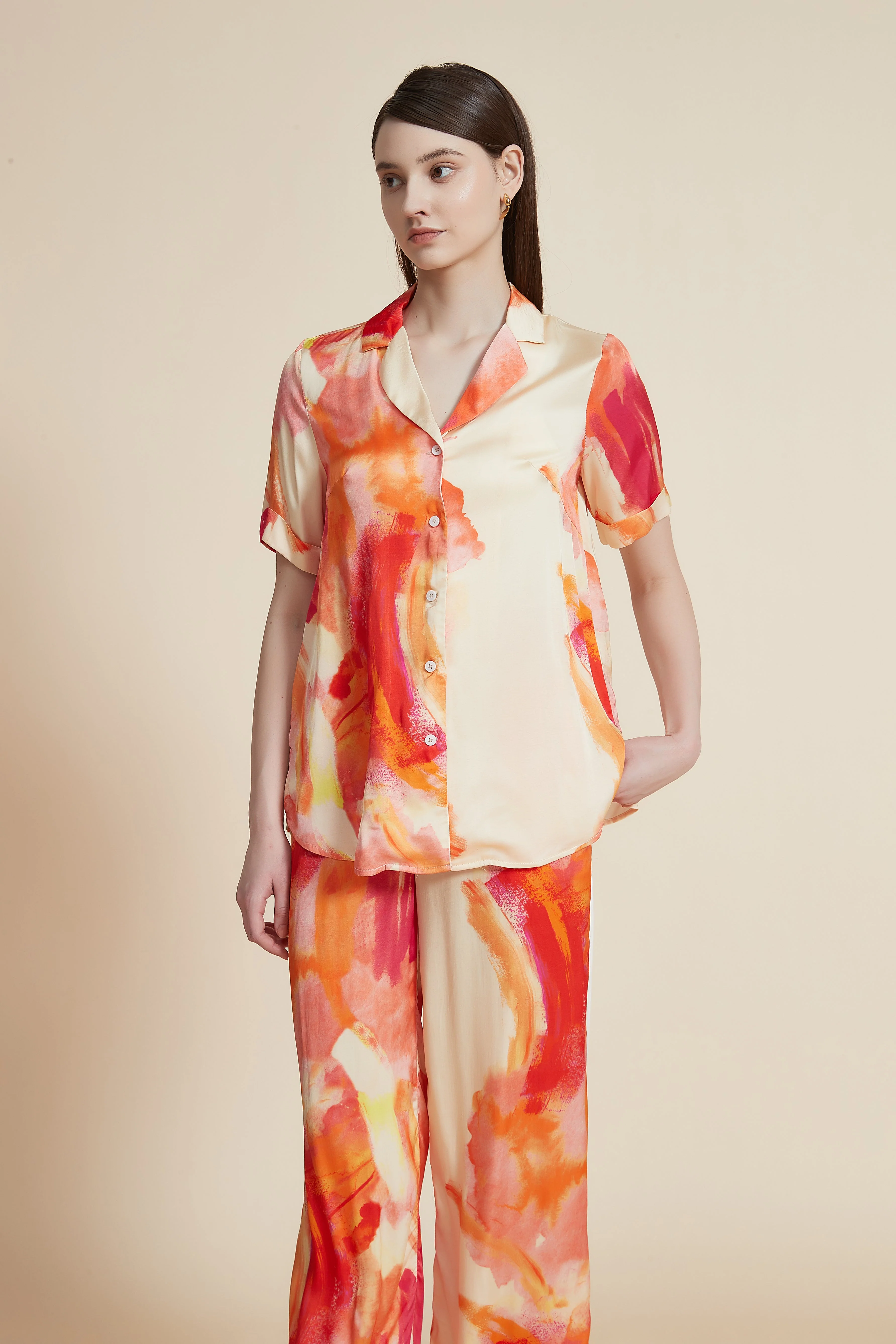 Women's Short Sleeve Printed Blouse with Front Buttons