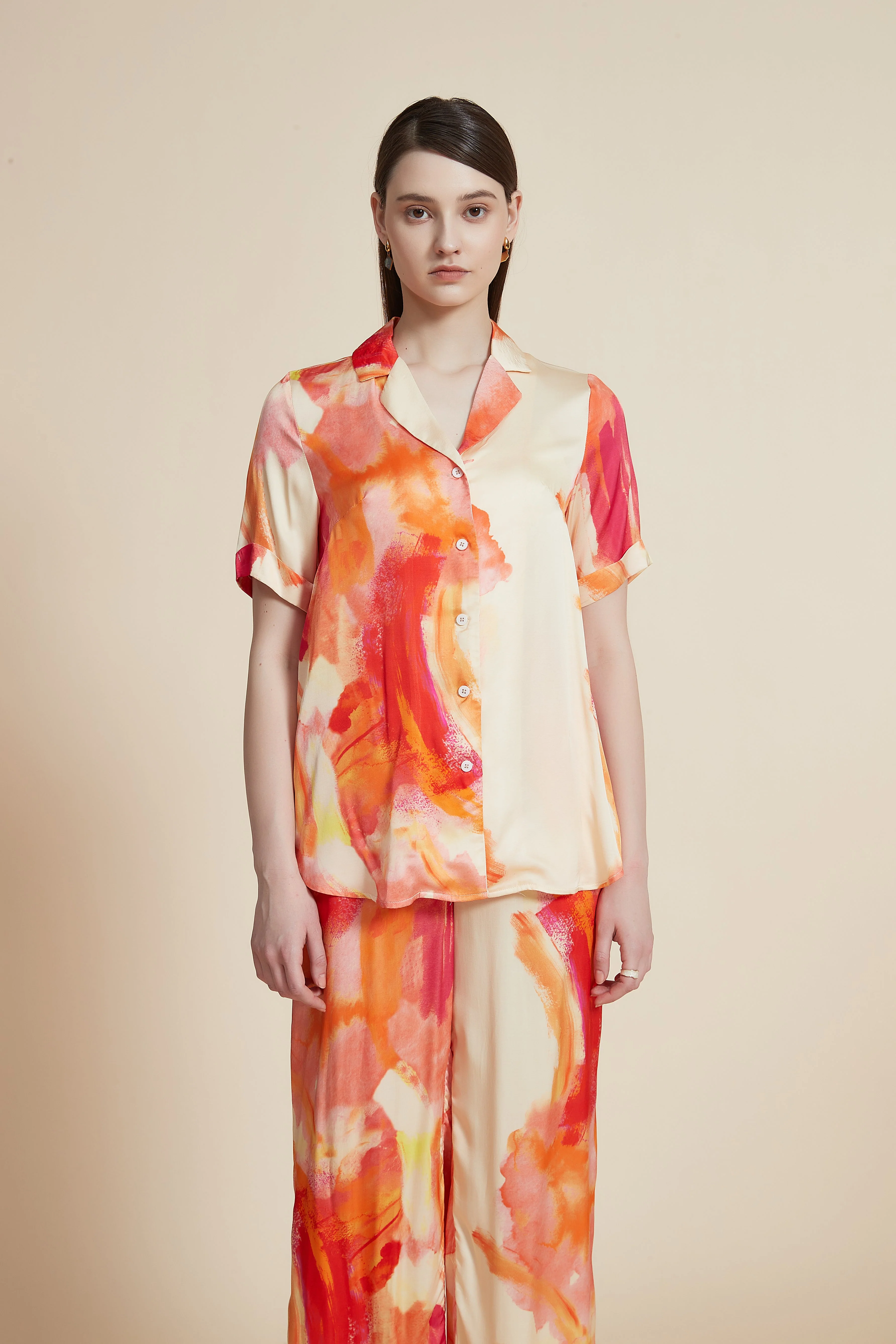 Women's Short Sleeve Printed Blouse with Front Buttons - Image 2