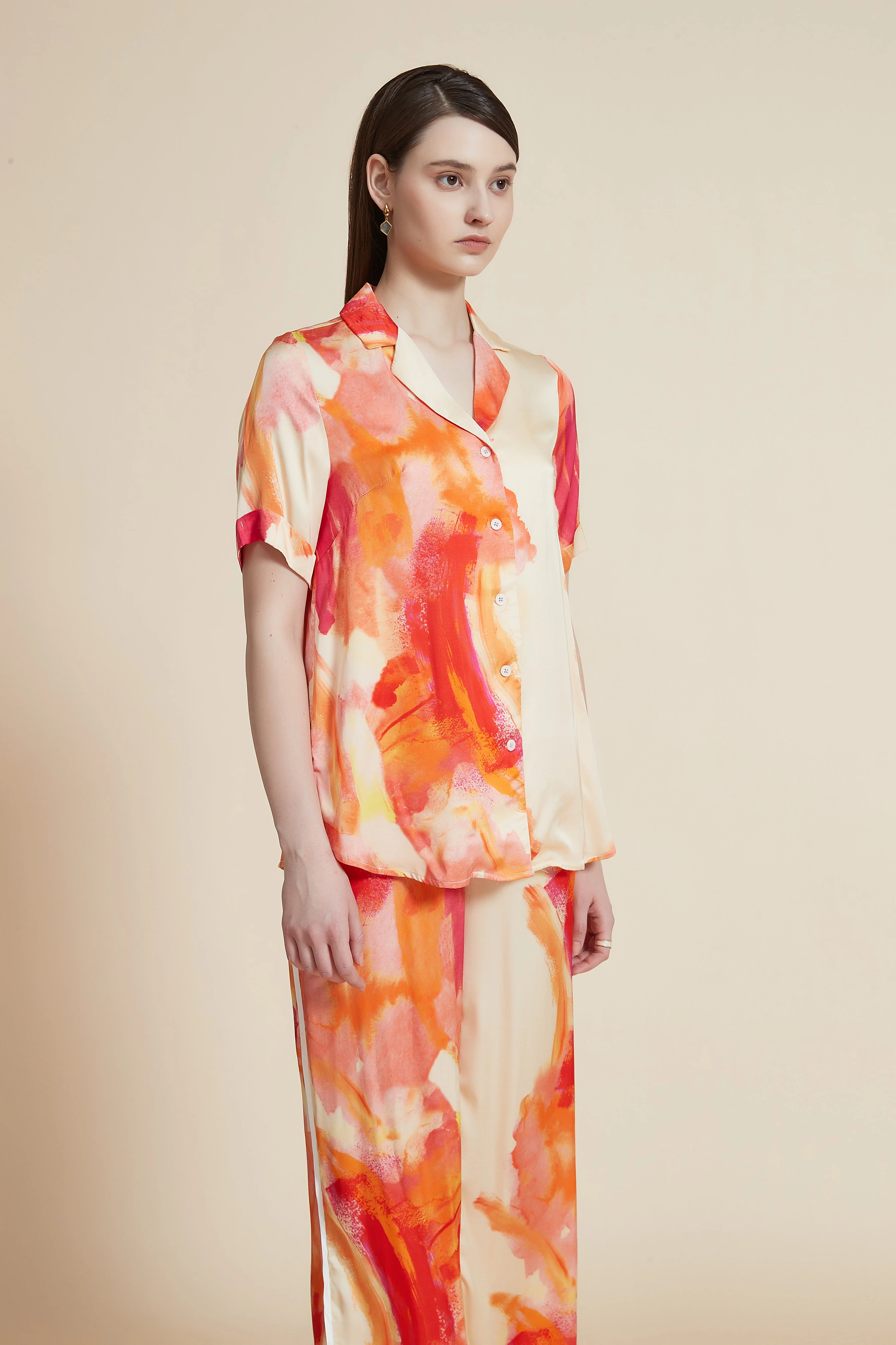 Women's Short Sleeve Printed Blouse with Front Buttons - Image 3
