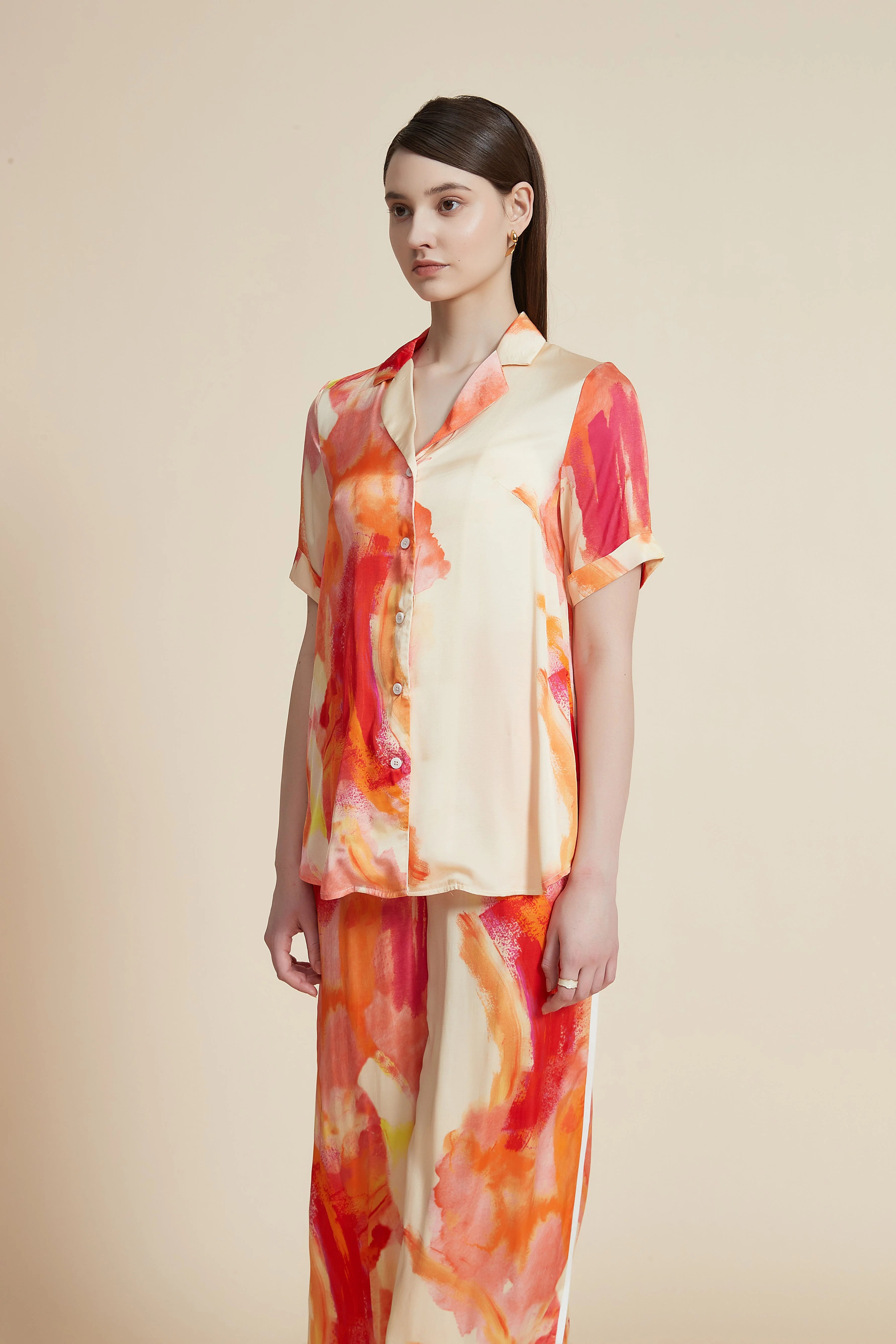 Women's Short Sleeve Printed Blouse with Front Buttons - Image 4