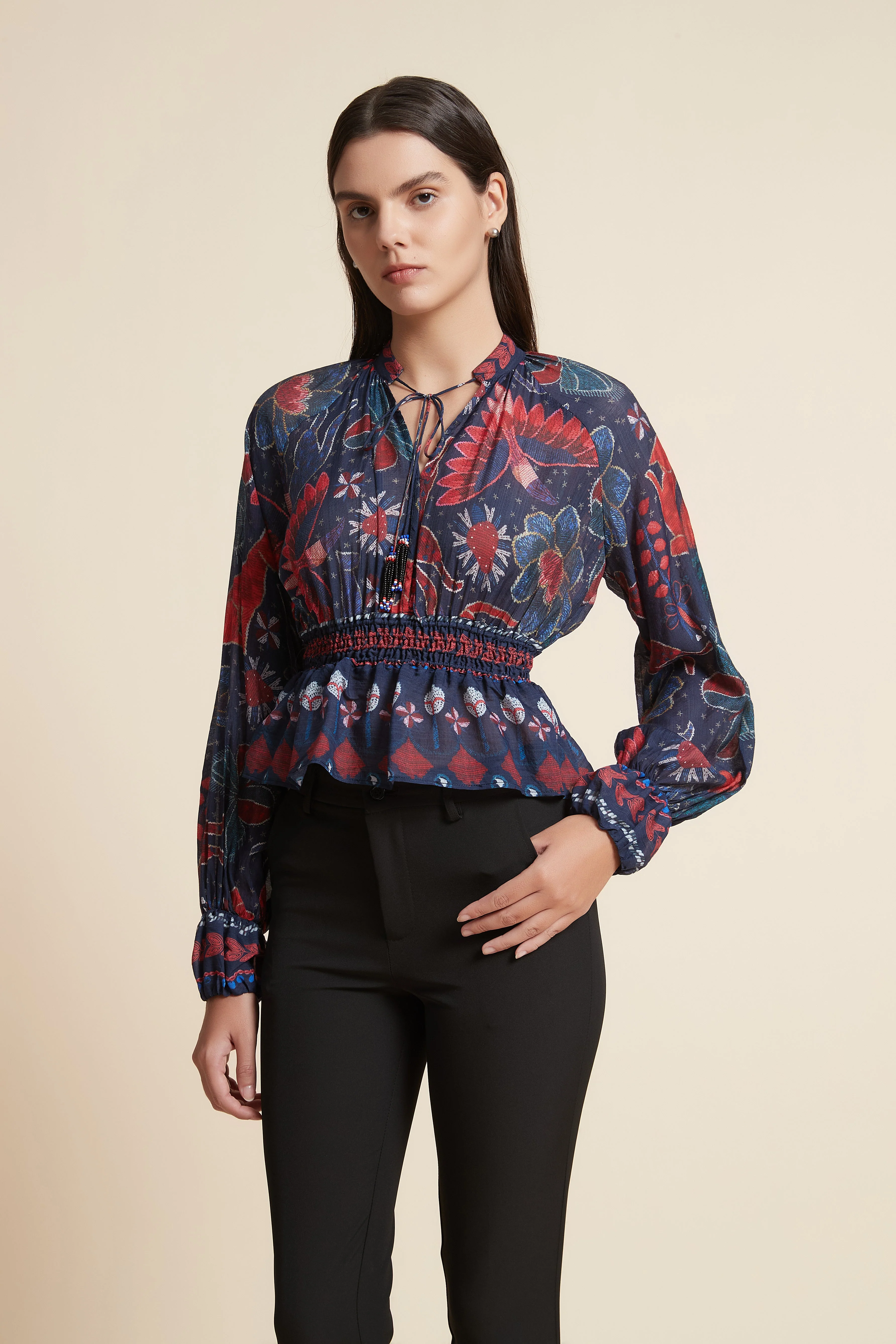 Short Ruffled Waist Blouse with Long Sleeves