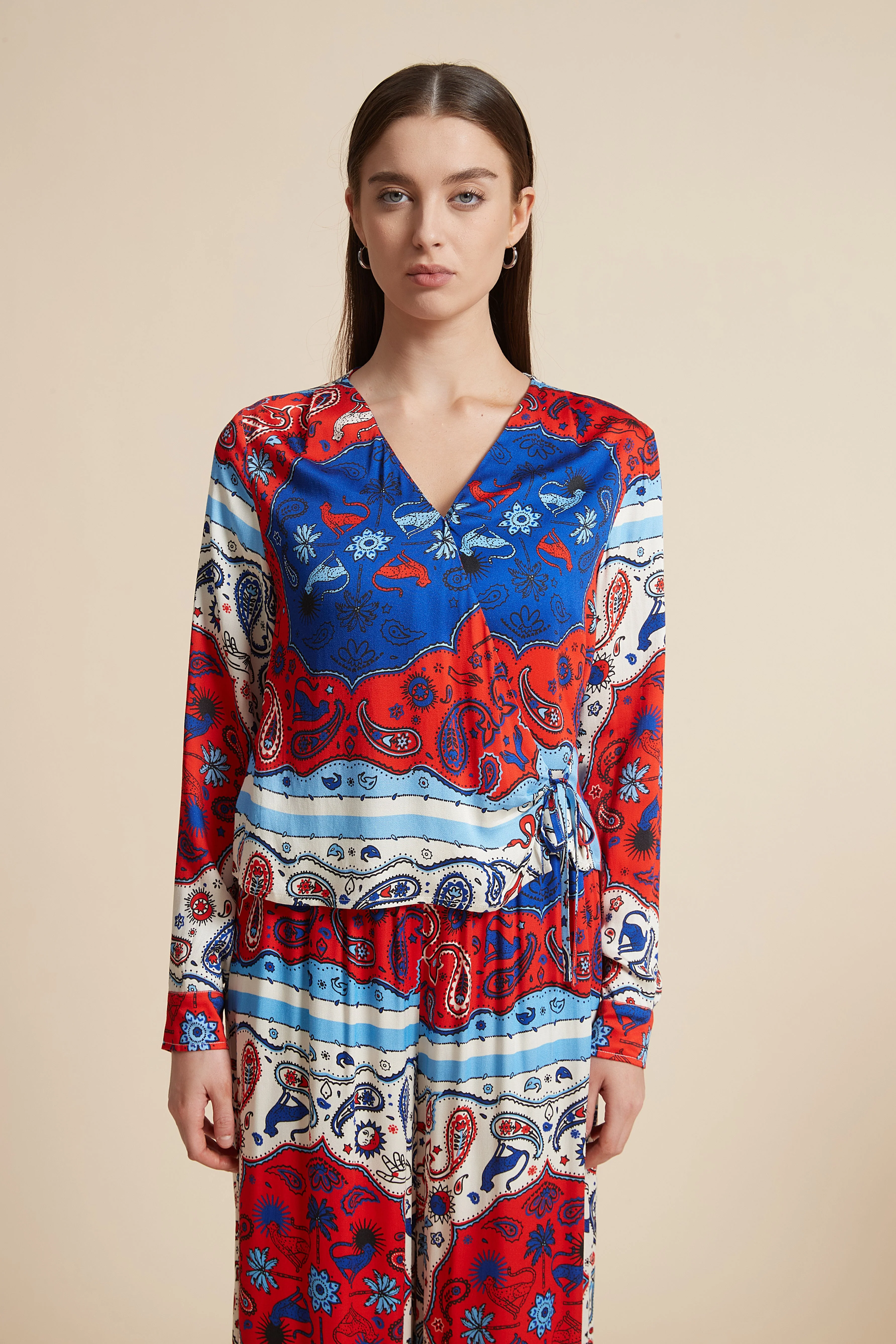Long Sleeve V-Neck Printed Blouse - Image 3