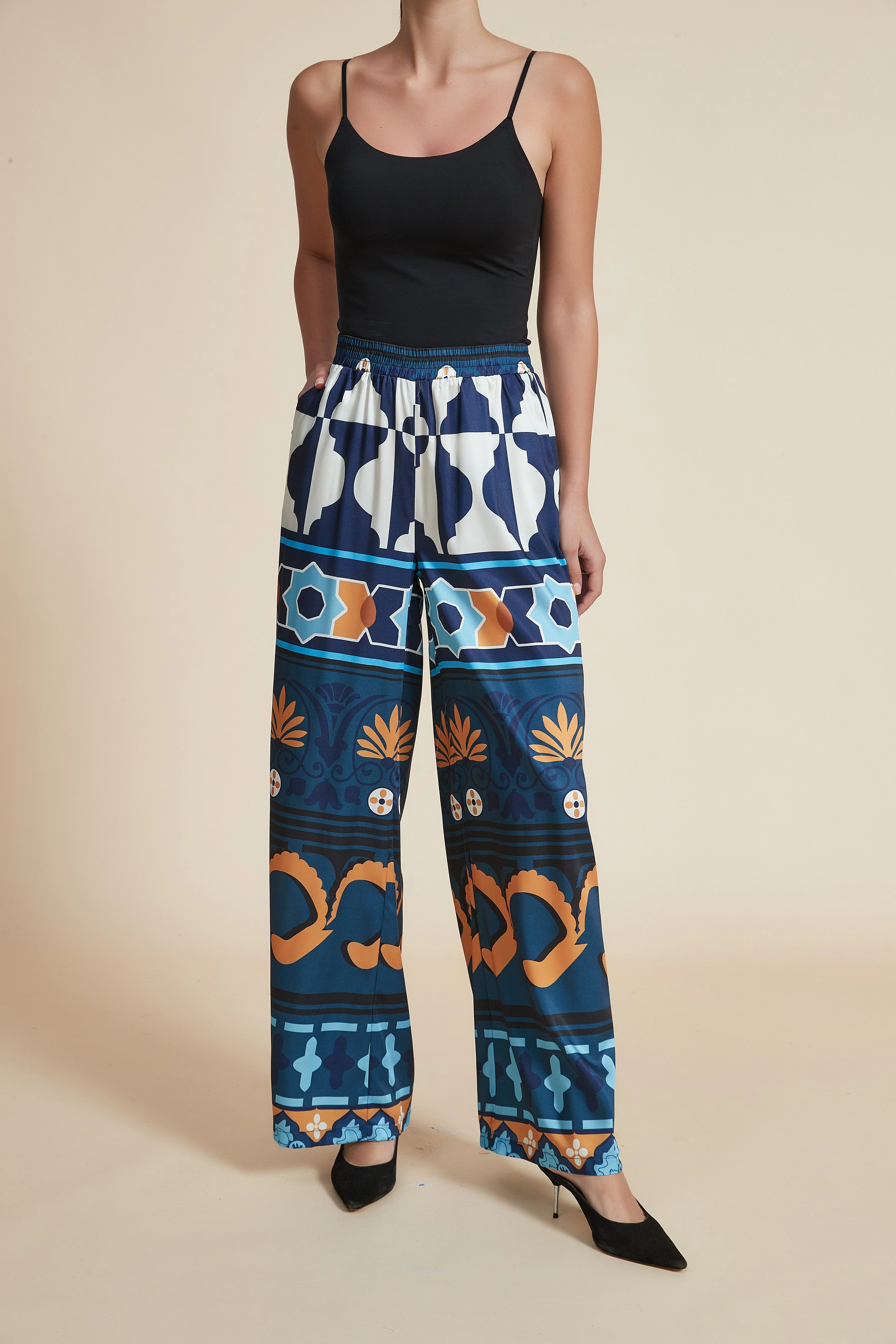 Printed Wide-Leg Long Pants