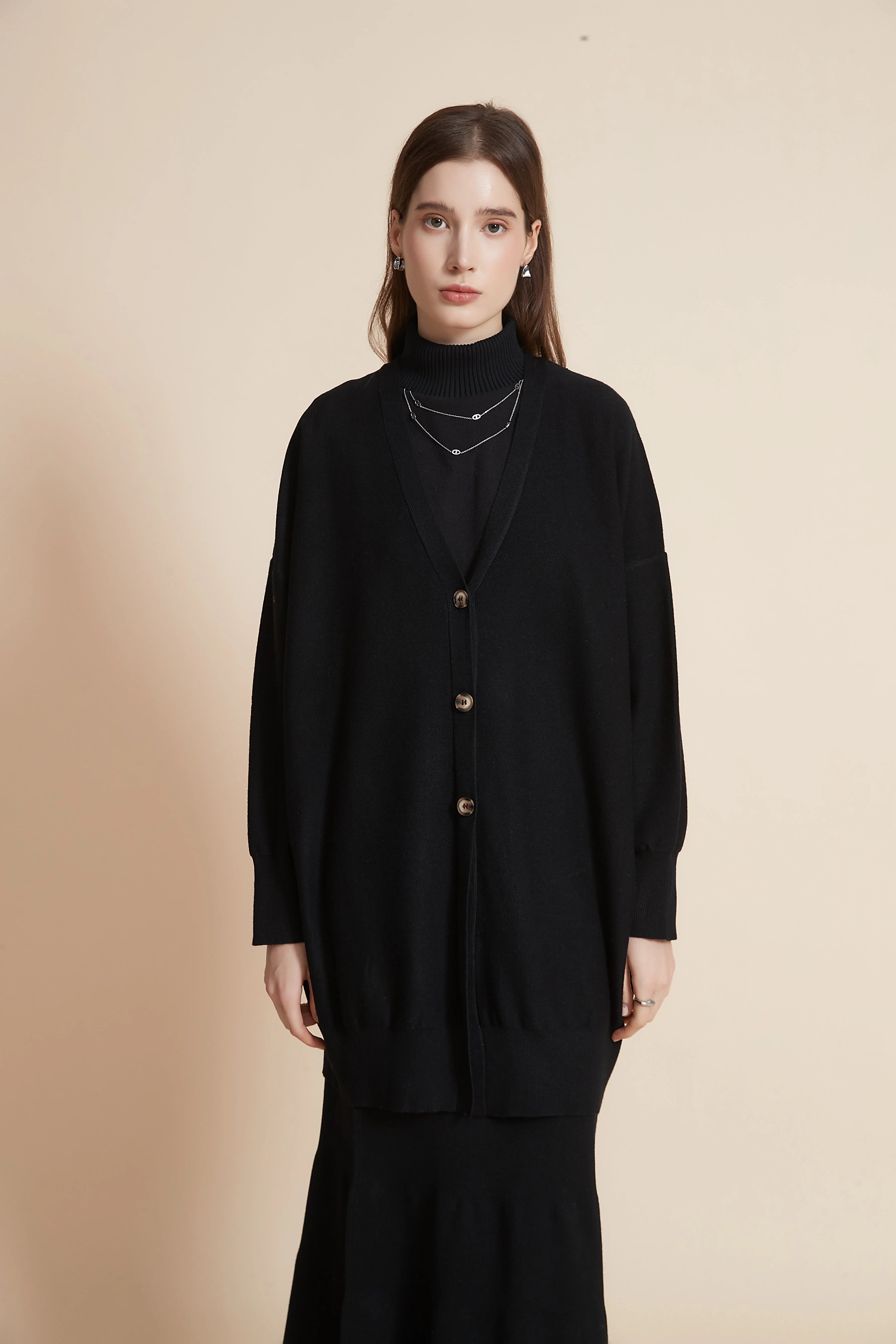 Long Solid Color Cardigan With Buttons And Long Sleeves - Image 5