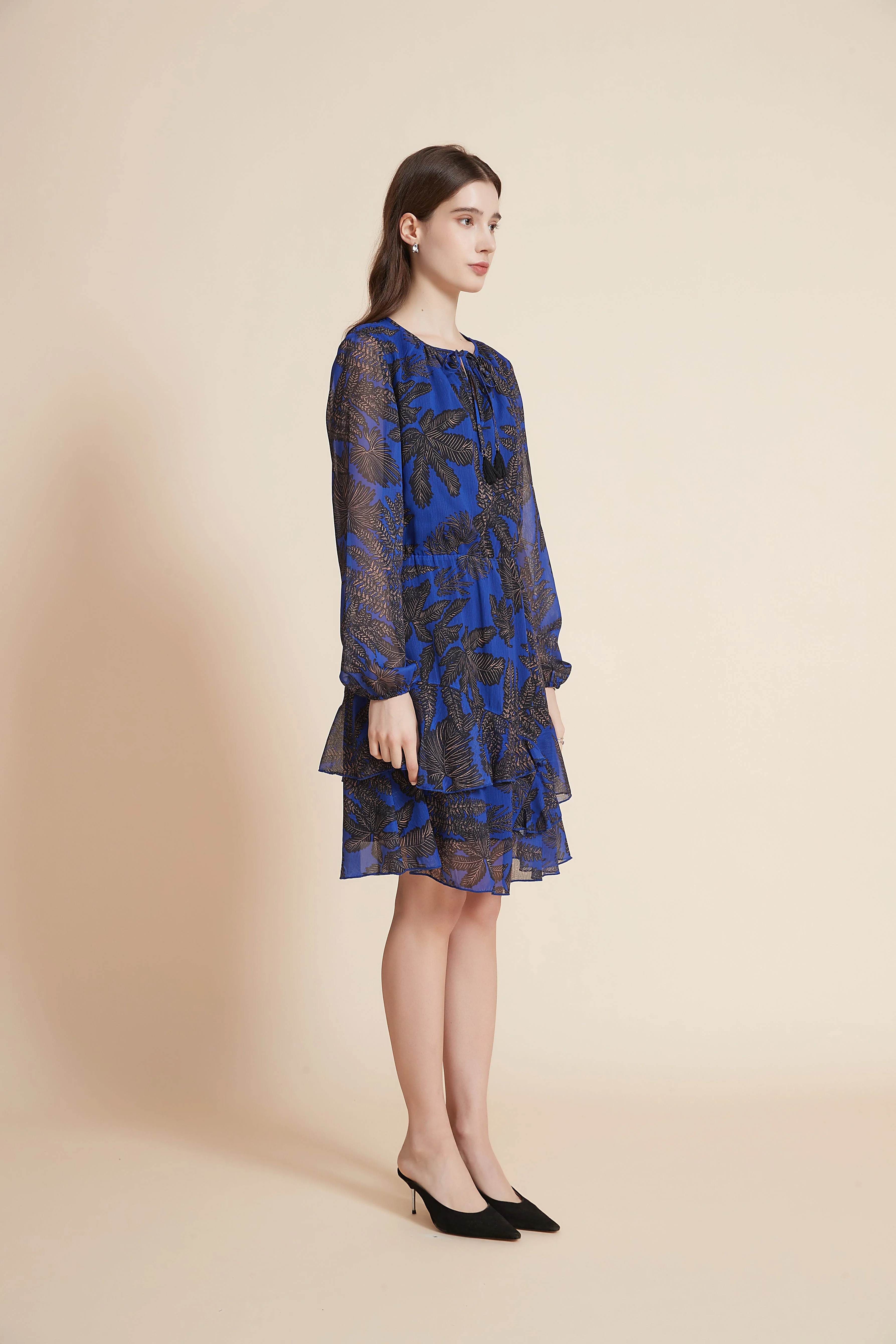 Long Sleeve Short Dress With Ruffled Floral - Image 4