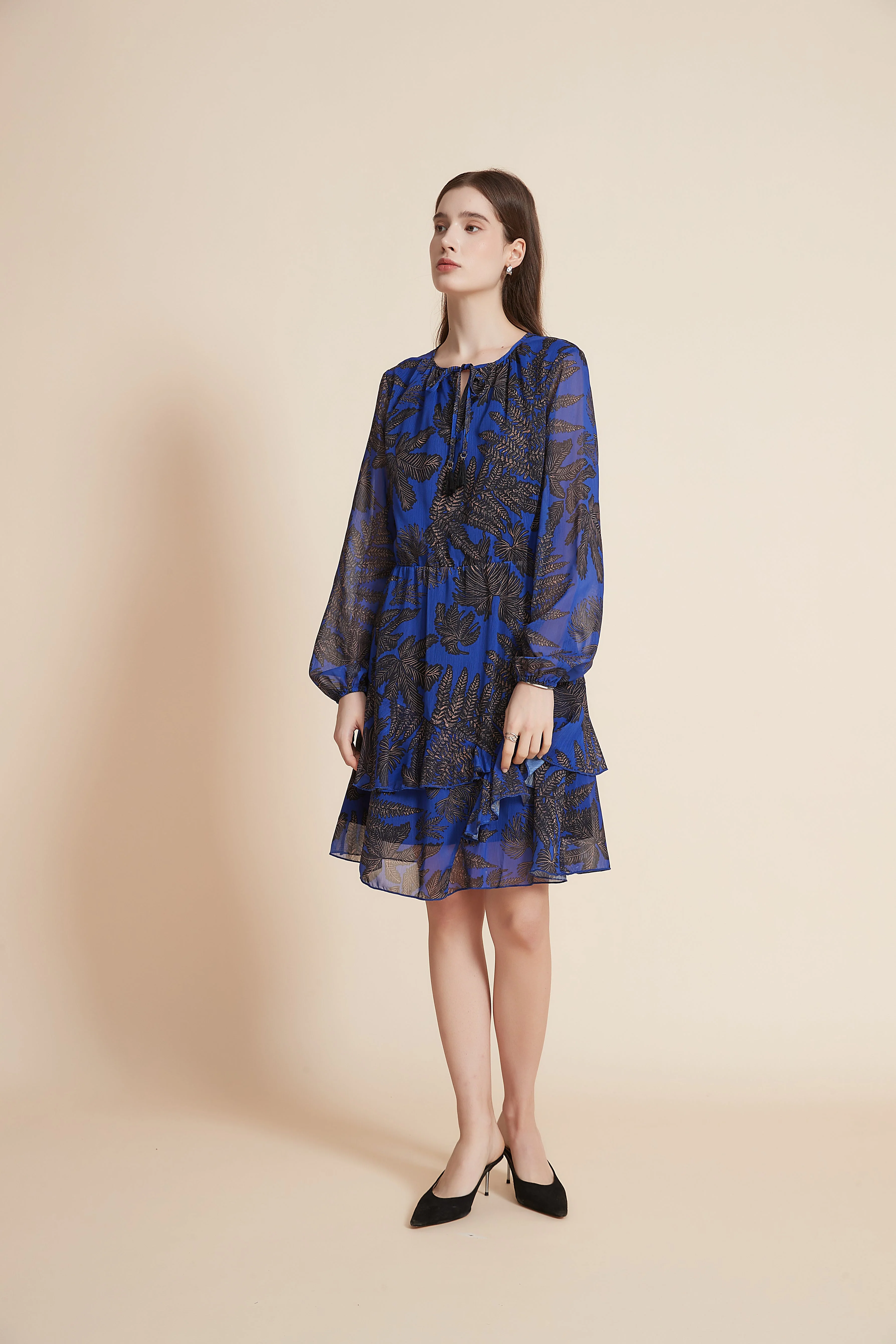 Long Sleeve Short Dress With Ruffled Floral - Image 7