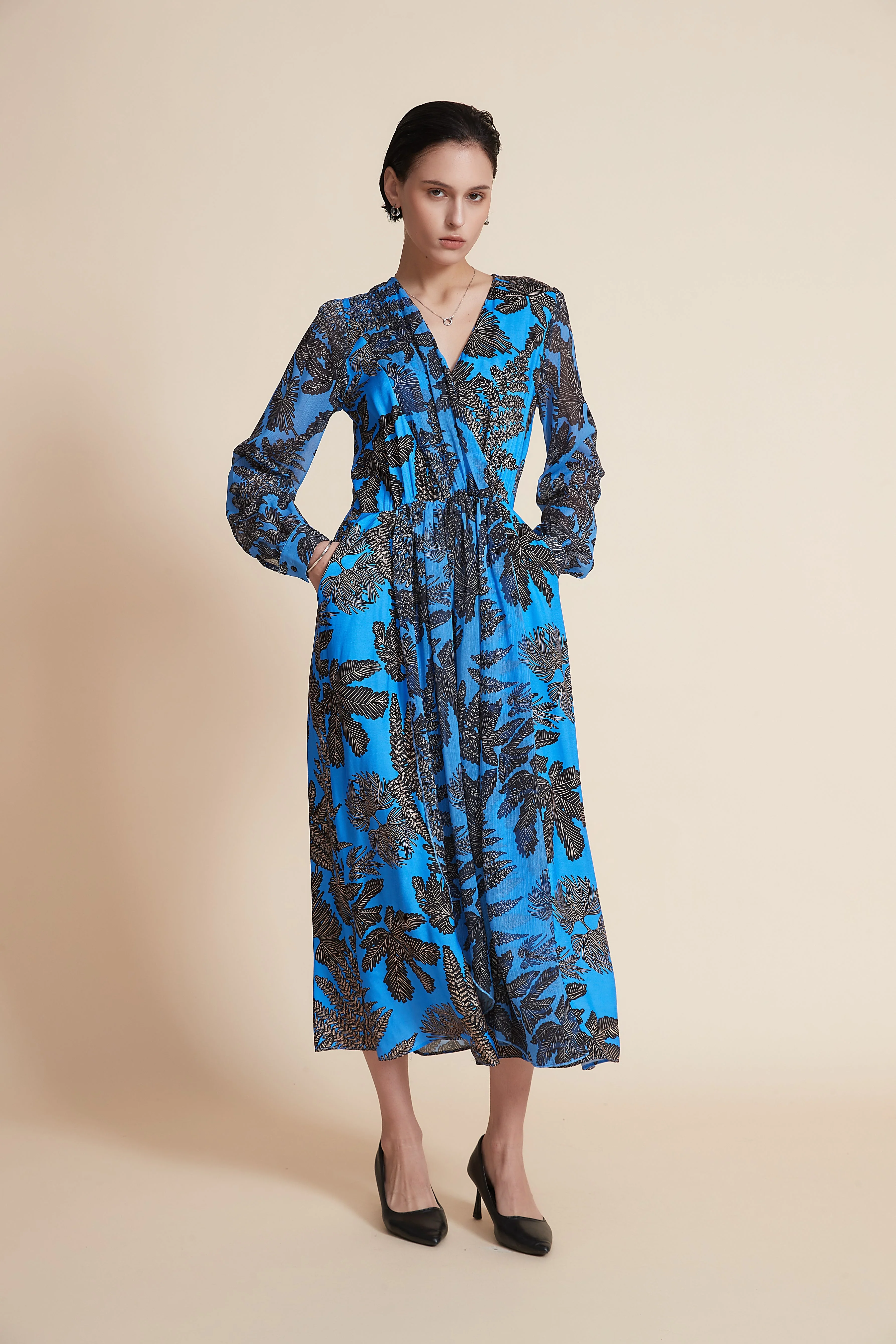 Long Sleeve Ruffled Midi Dress With Floral Print
