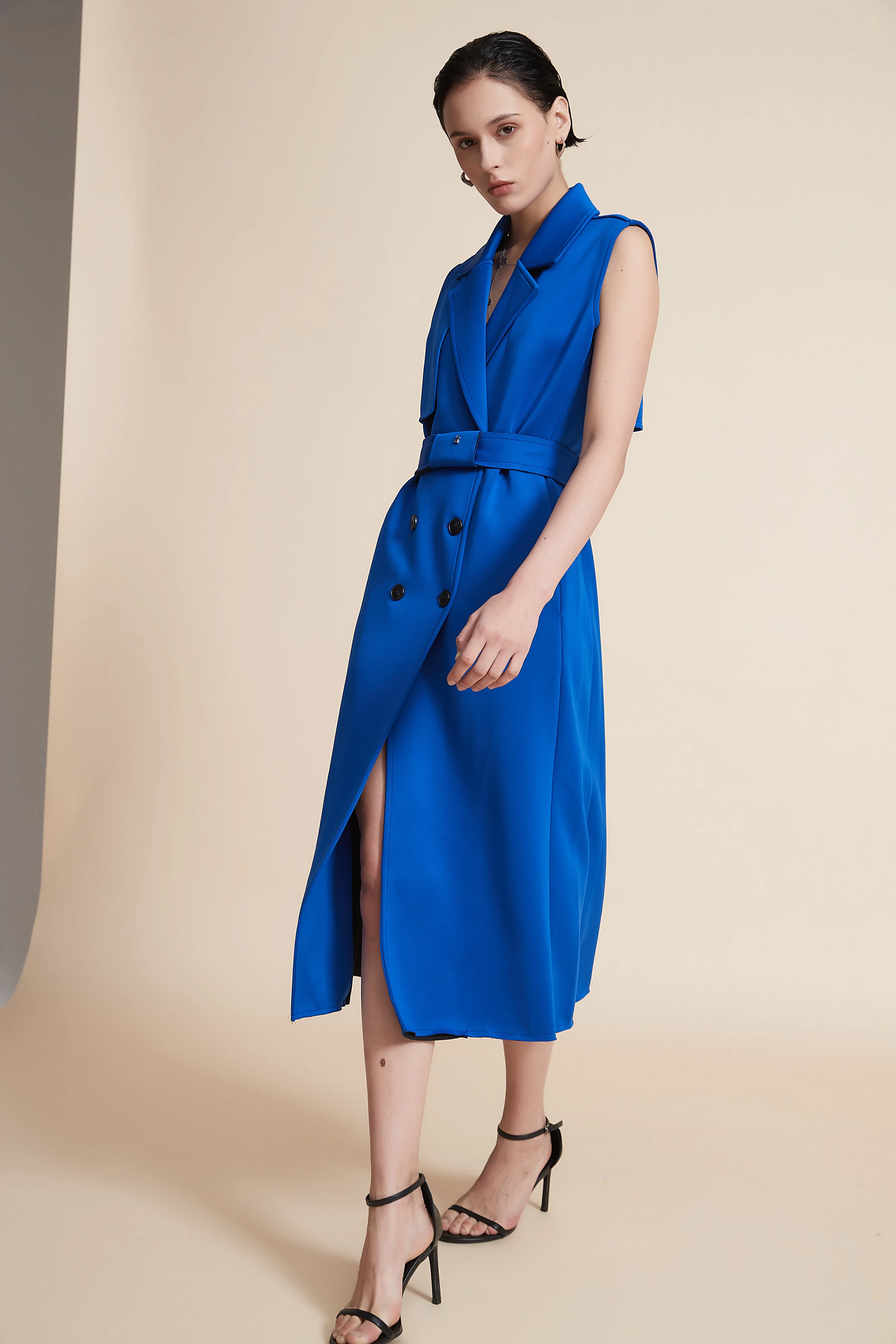 Sleeveless Midi Dress with Shirt Collar and High Waist Belt - Image 3