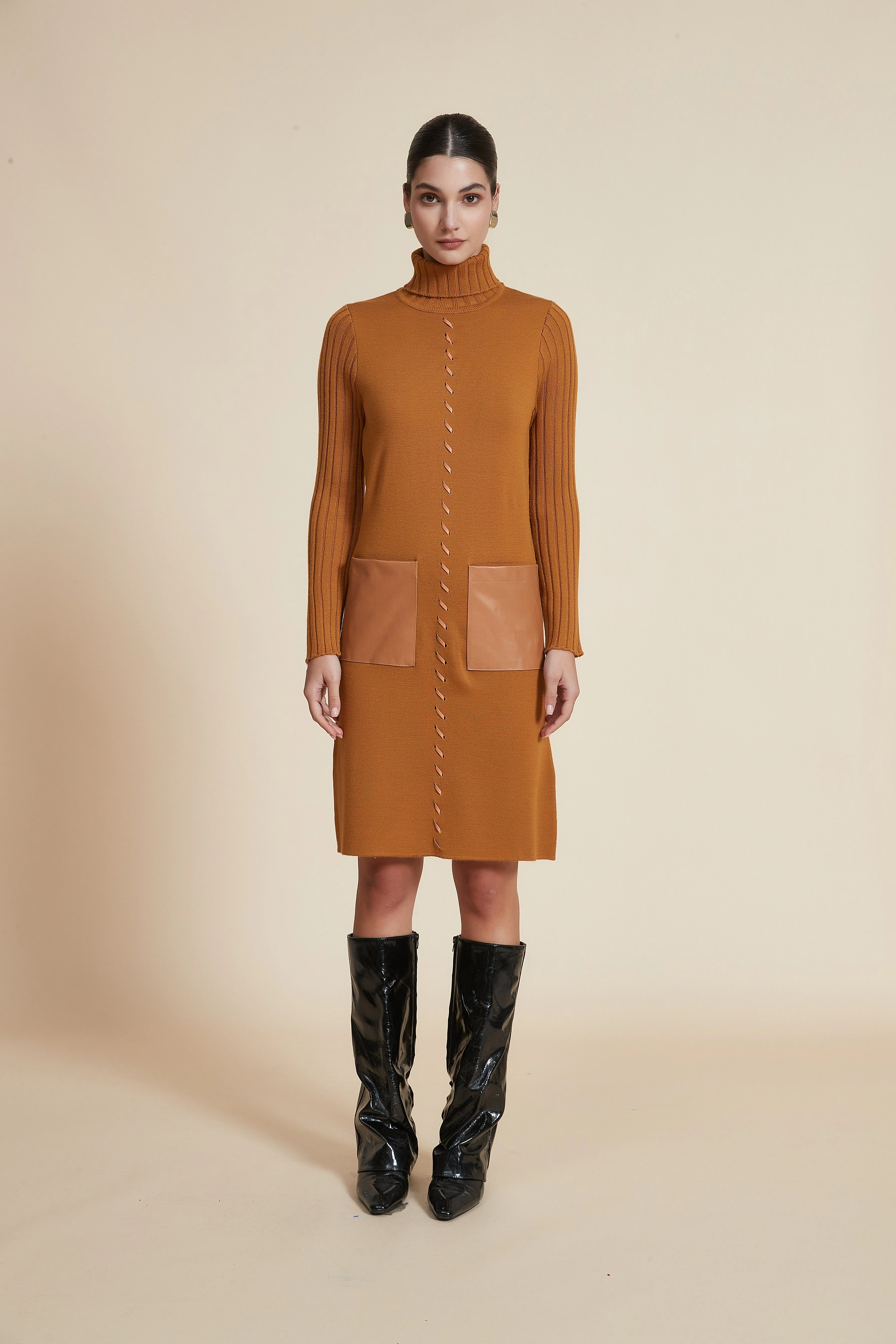 Plain Long-Sleeve Short Dress with High Neck - Image 2