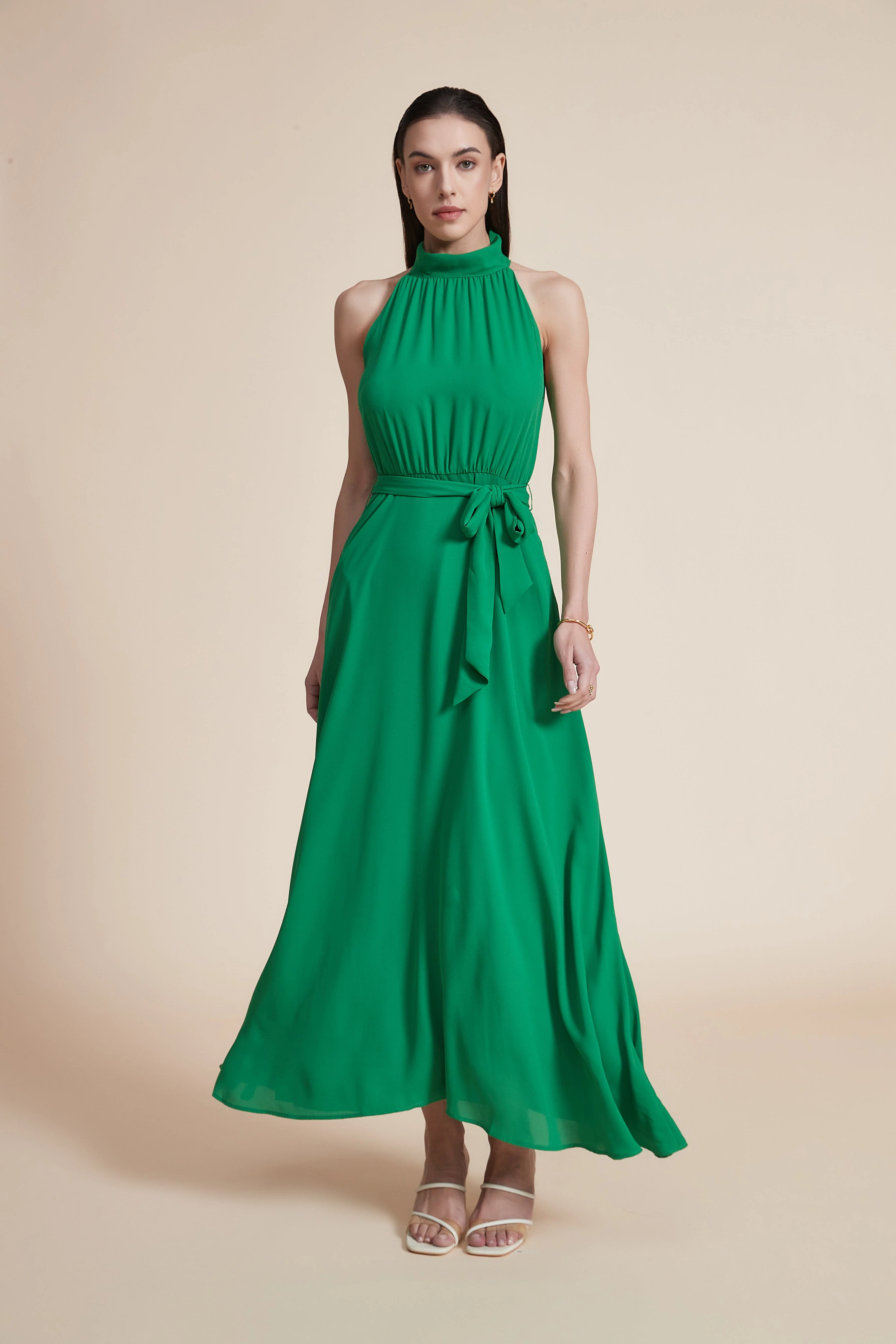 Solid Off-Shoulder Halter Neck Maxi Dress
