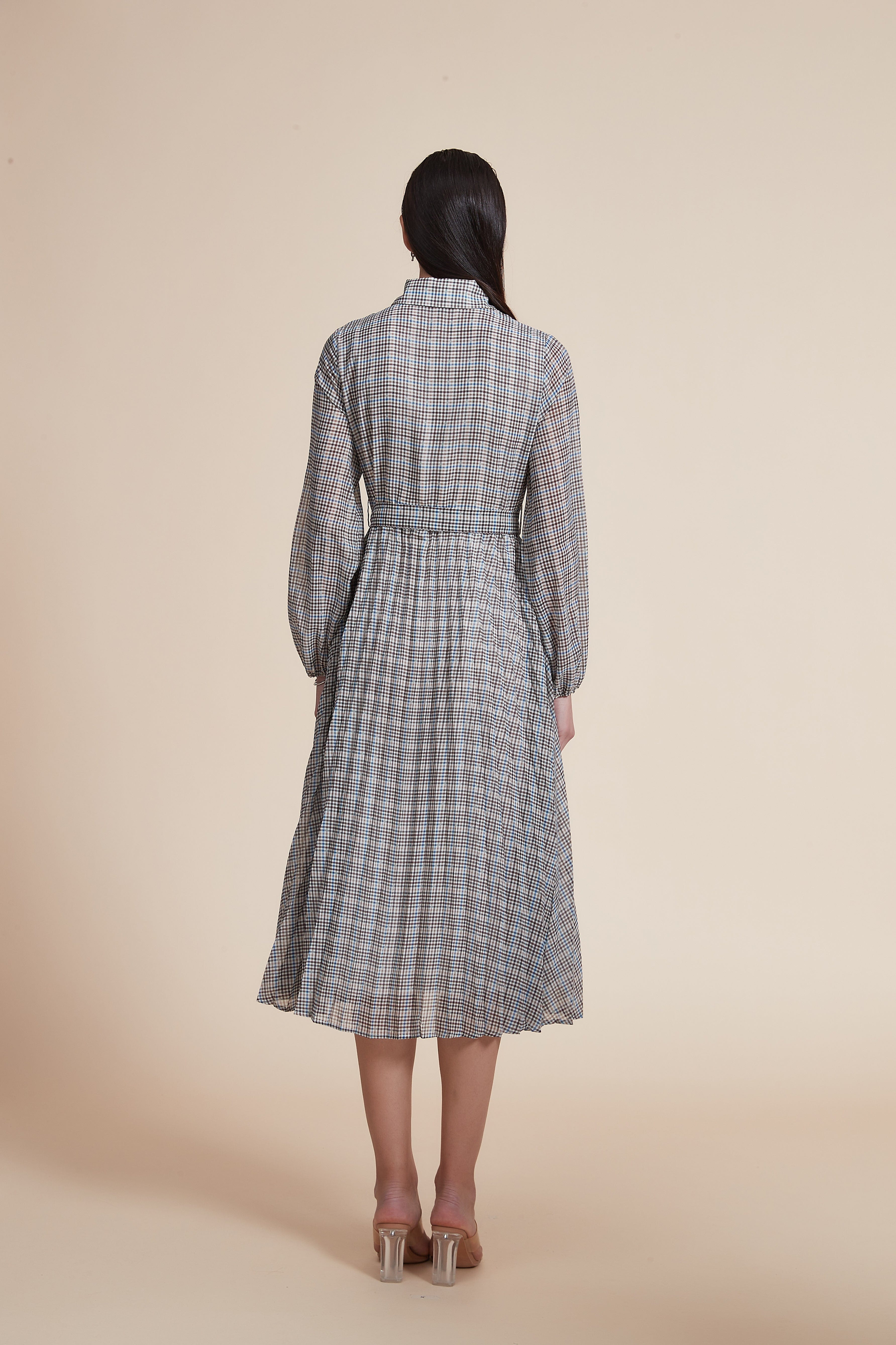 Long Sleeve Checkered Midi Dress with Shirt Collar - Image 3