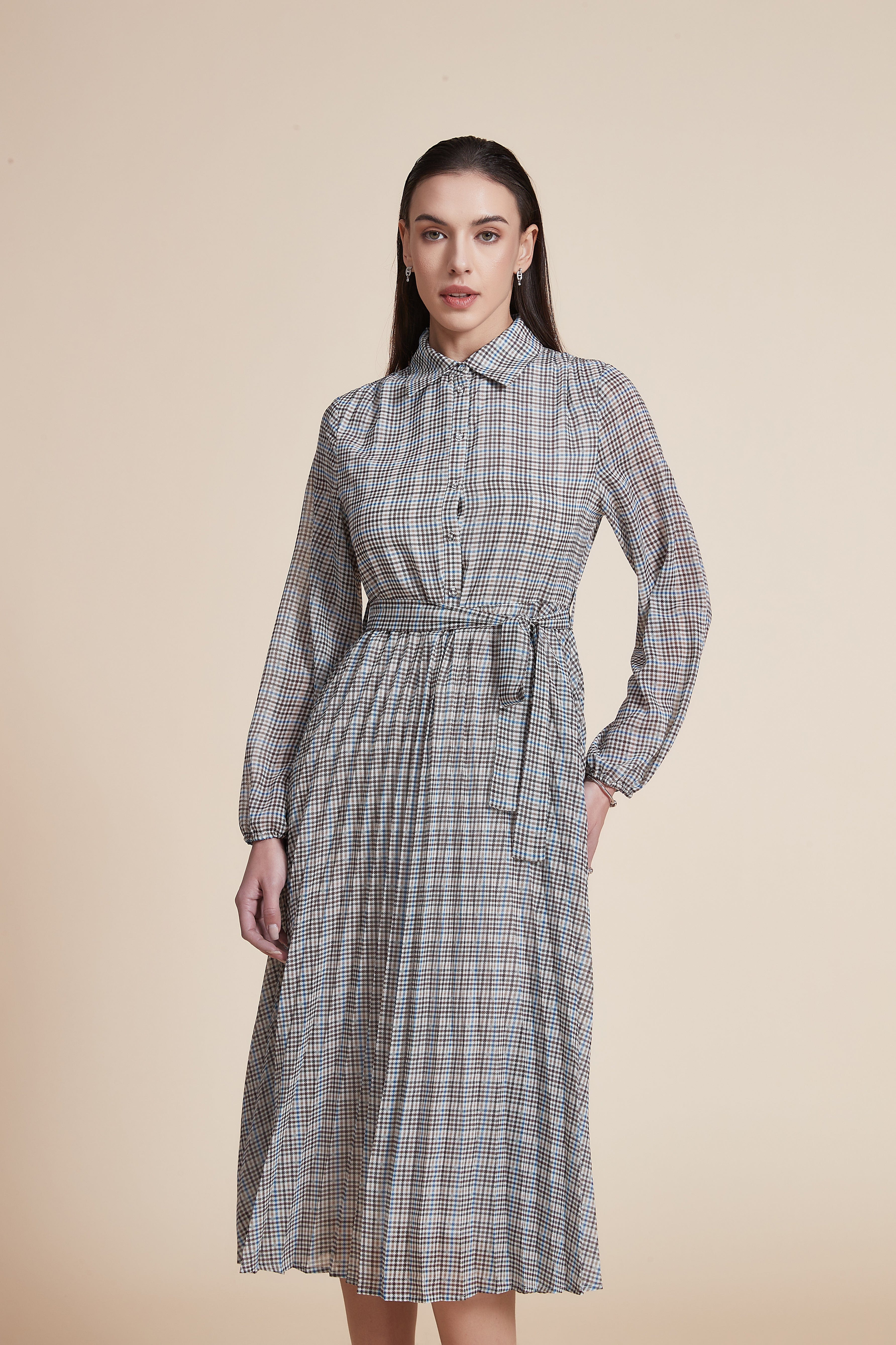 Long Sleeve Checkered Midi Dress with Shirt Collar - Image 4