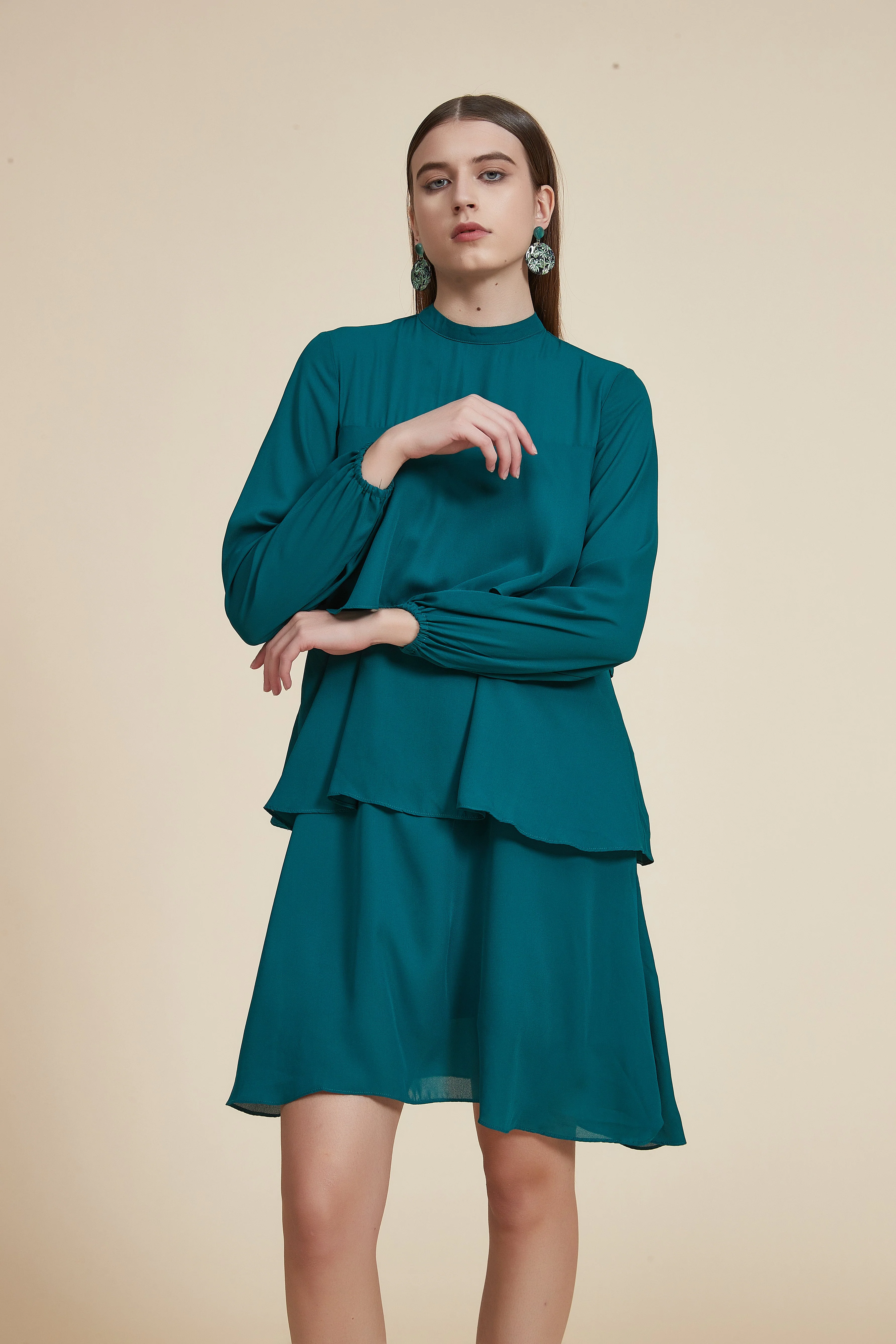 Plain Long Sleeve Layered Short Dress - Image 2
