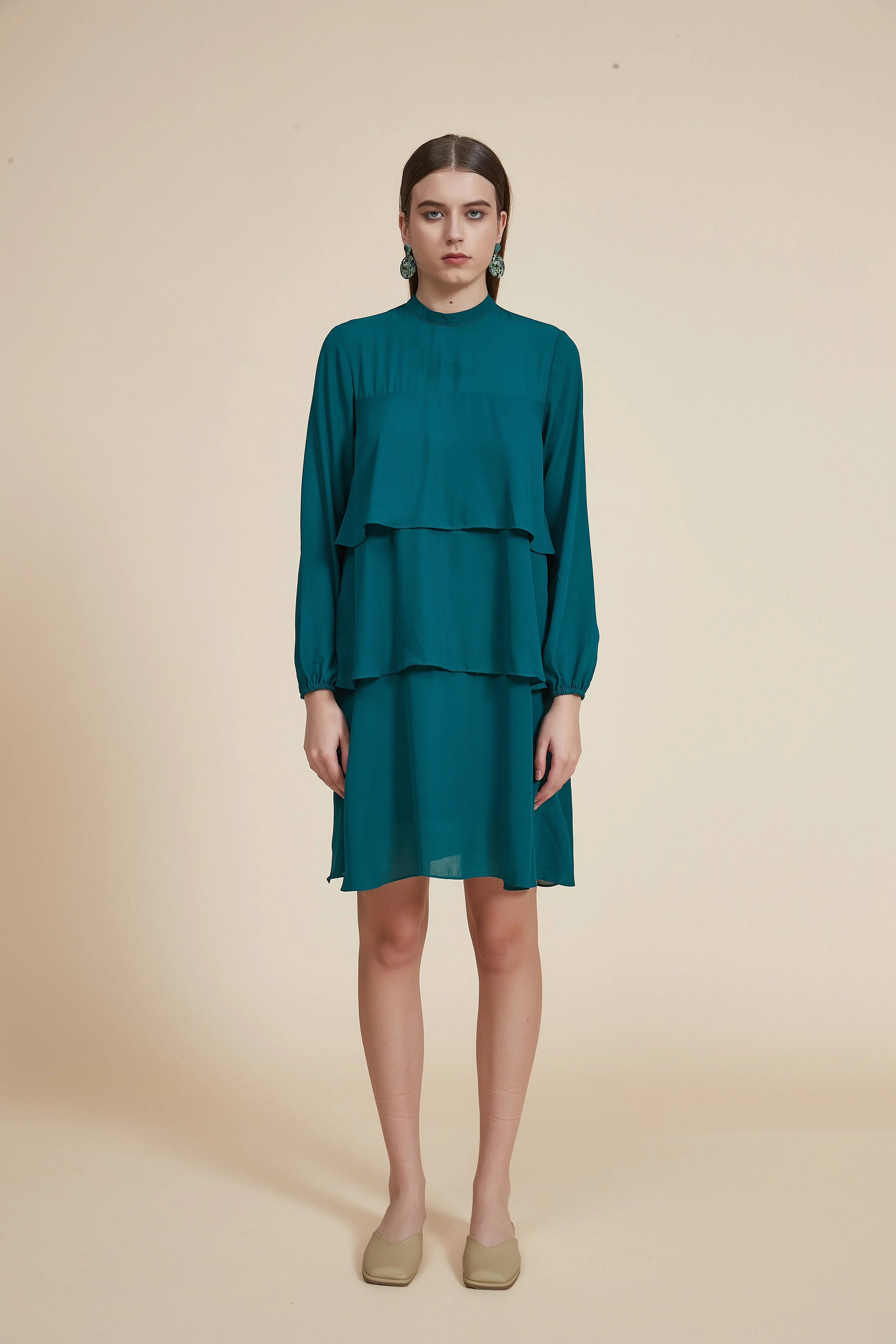 Plain Long Sleeve Layered Short Dress - Image 3